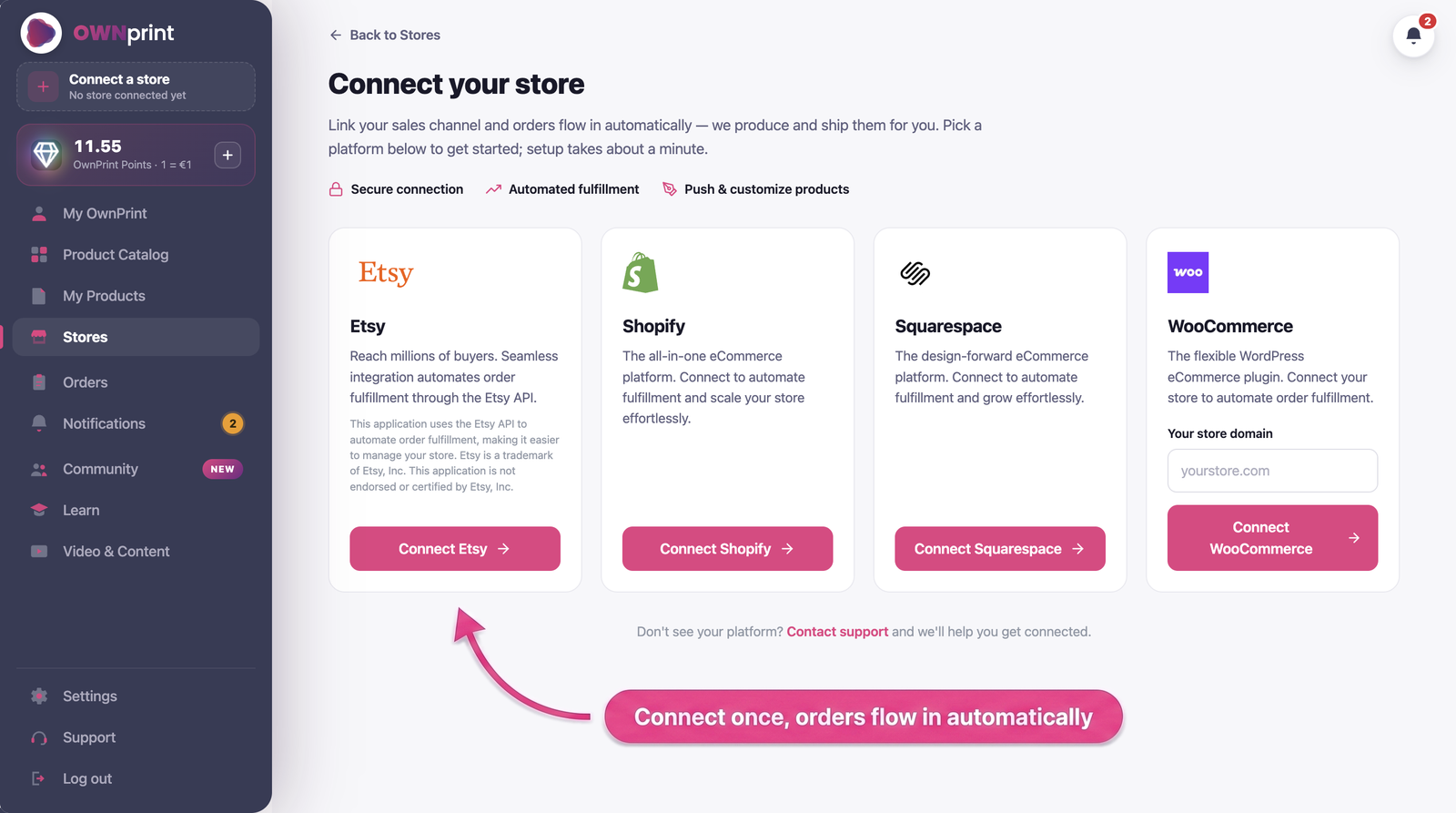 Connect your Etsy, Shopify, Squarespace, or WooCommerce store to Ownprint print on demand