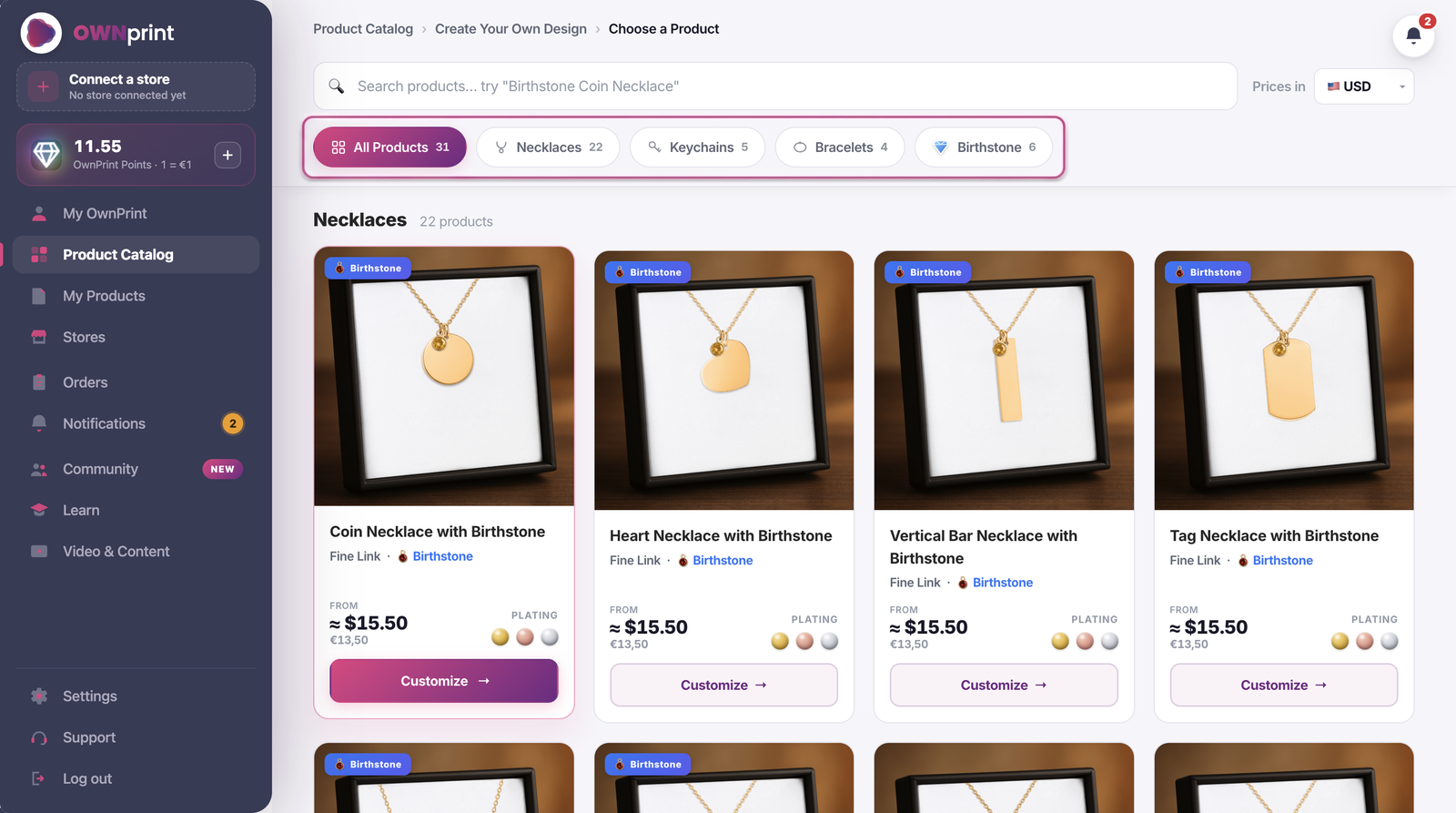 The Ownprint print on demand jewelry catalog with necklaces, keychains, and bracelets