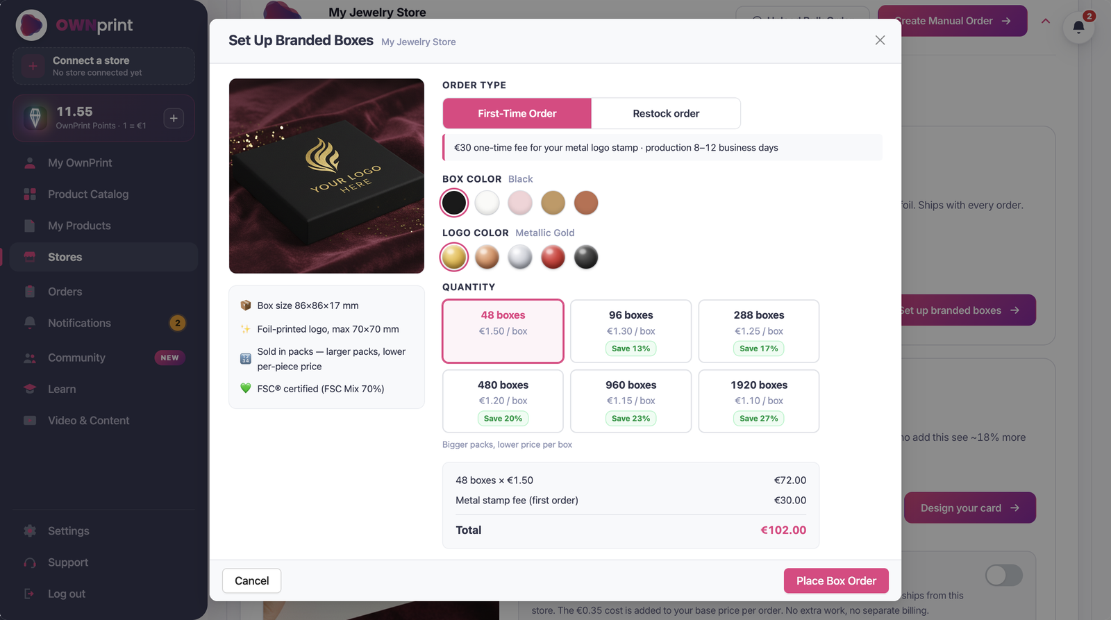 Branded box setup in the Ownprint print on demand app with foil logo colors and pack pricing