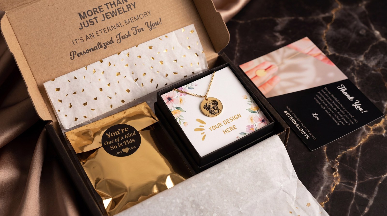 The Ownprint print on demand unboxing experience with gift box, message card, gold foil wax melt, and thank you card