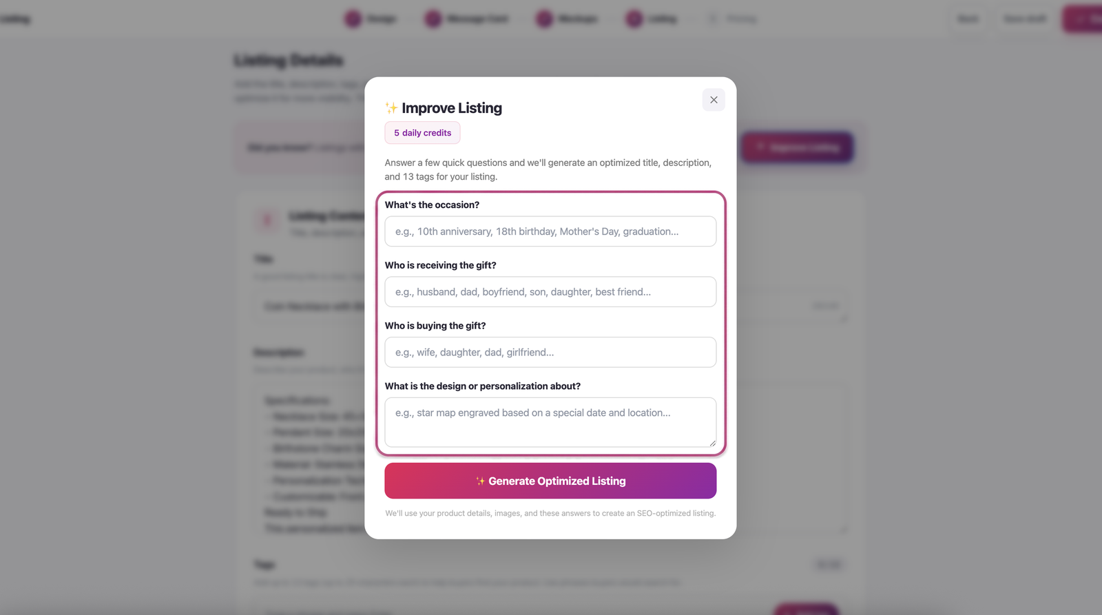 The AI Listing Optimizer in the Ownprint print on demand app asking four questions before writing an Etsy listing