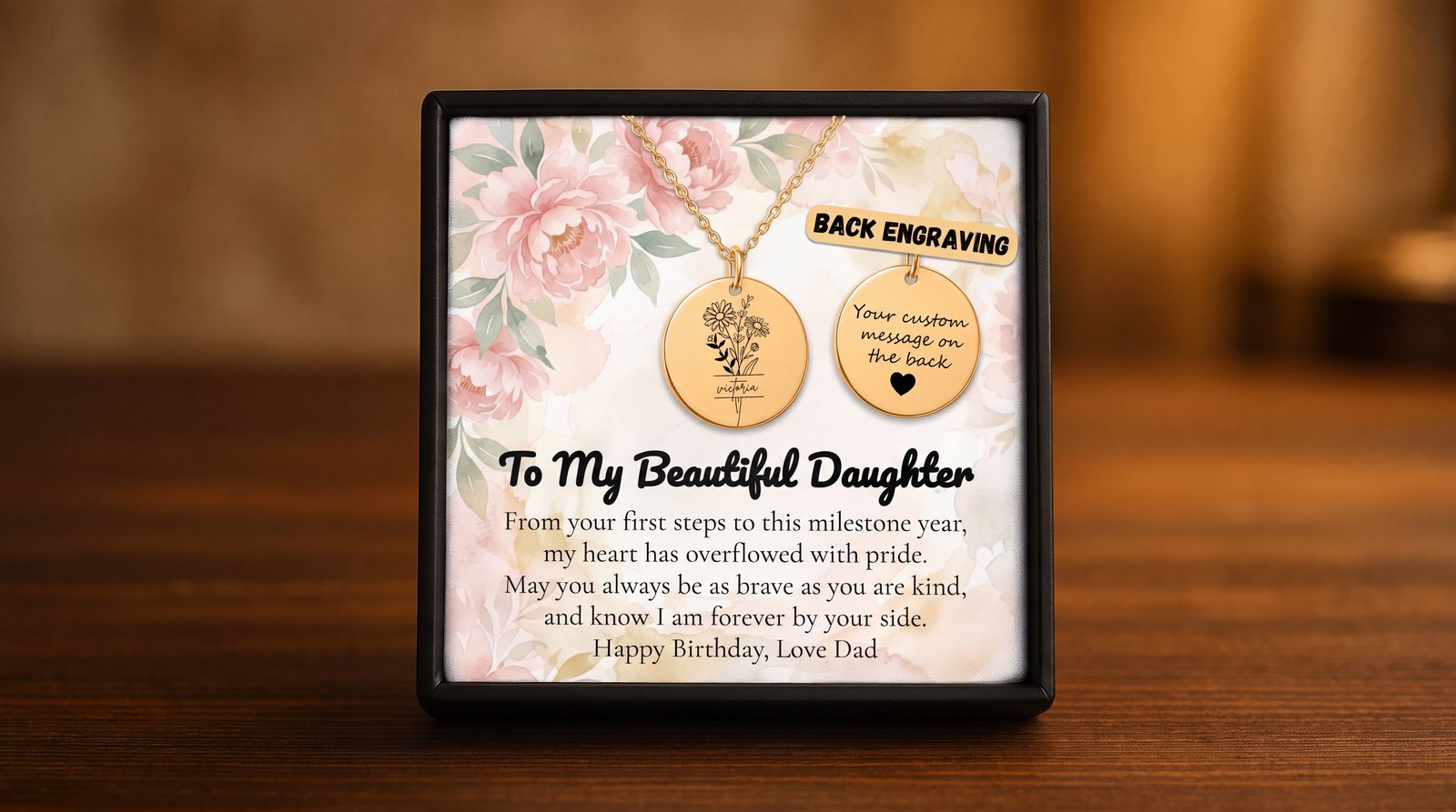 Print on demand necklace with a birth flower design on the front and a custom engraved message on the back, shown on a gift message card
