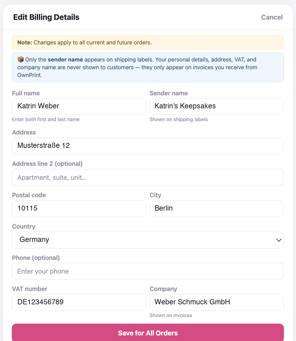 Ownprint billing details with a German business address and a DE VAT number entered, the field that switches EU orders to 0% VAT