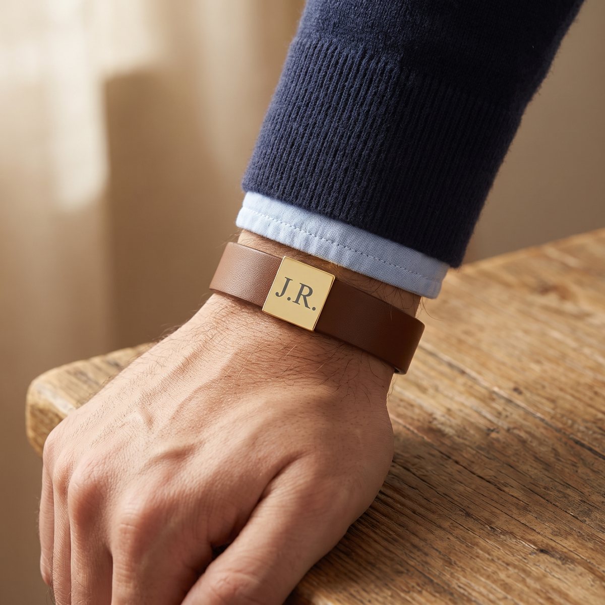 Men's brown leather bracelet with a gold plate engraved with the initials J.R., worn on the wrist