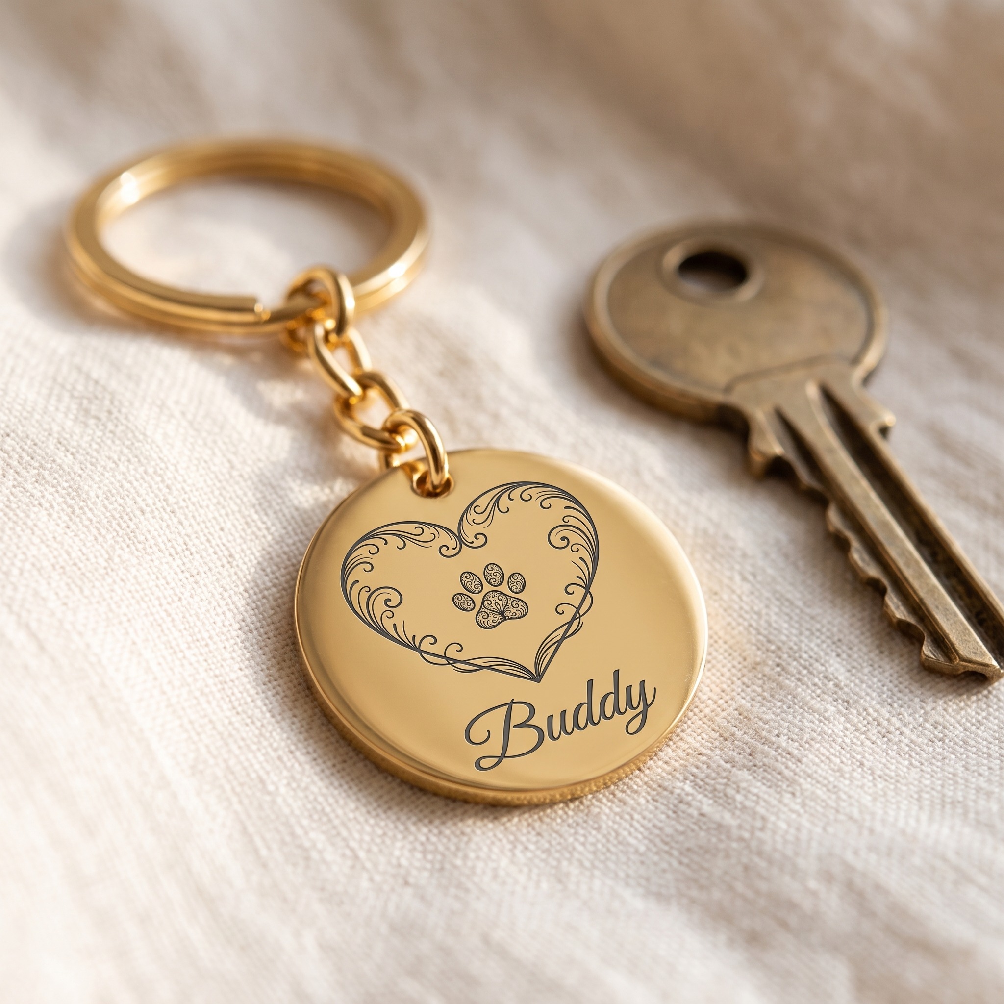 Engraved coin keychain with a paw print and a name