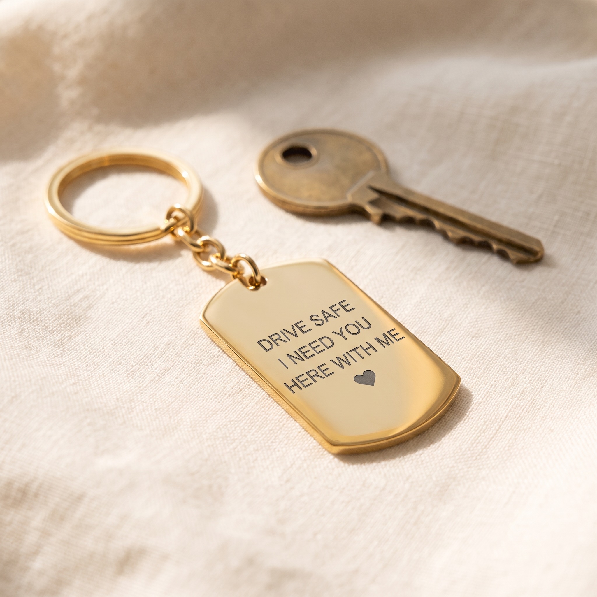 Engraved tag keychain with a three-line message
