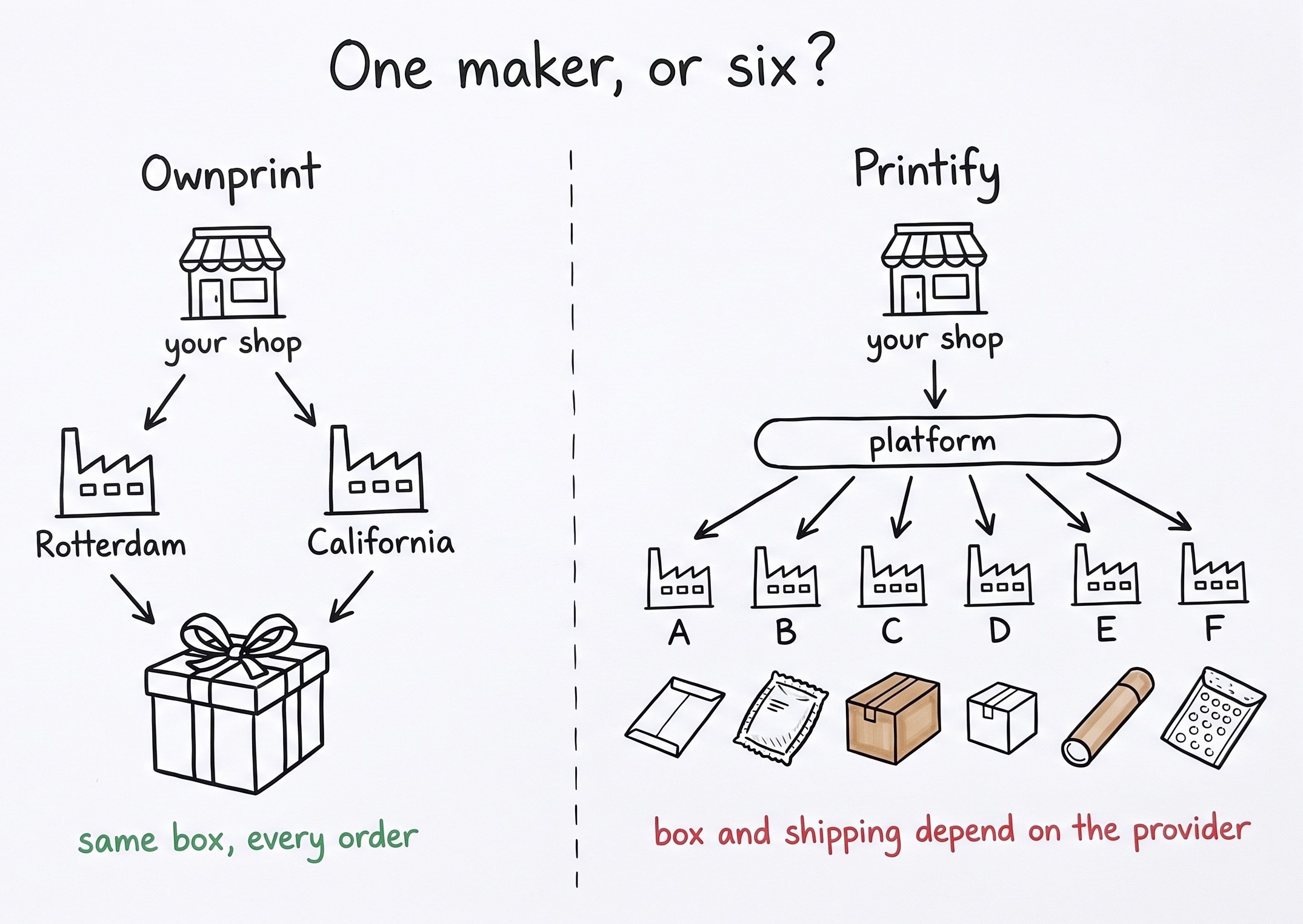Hand-drawn sketch: on Ownprint your shop sends orders to one maker with facilities in Rotterdam and California and the same gift box on every order; on Printify your shop sends orders to a platform that routes them to one of six providers, so the box and shipping depend on the provider