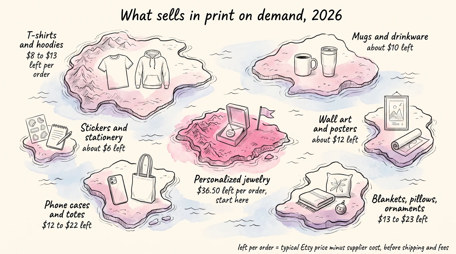 What sells in print on demand, 2026: a hand-drawn map of product groups as islands sized by how crowded they are, with personalized jewelry in the centre at $36.50 left per order