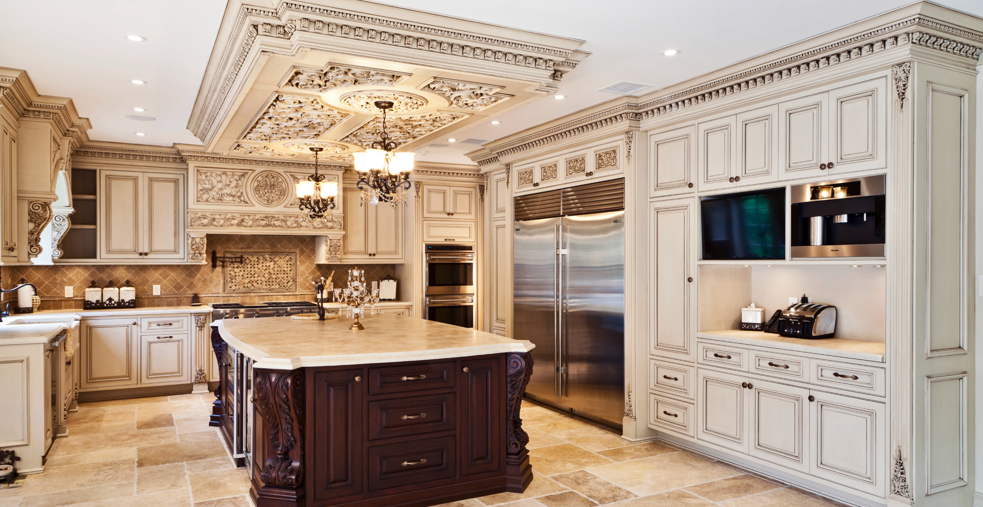 Custom white and brown kitchen cabinets