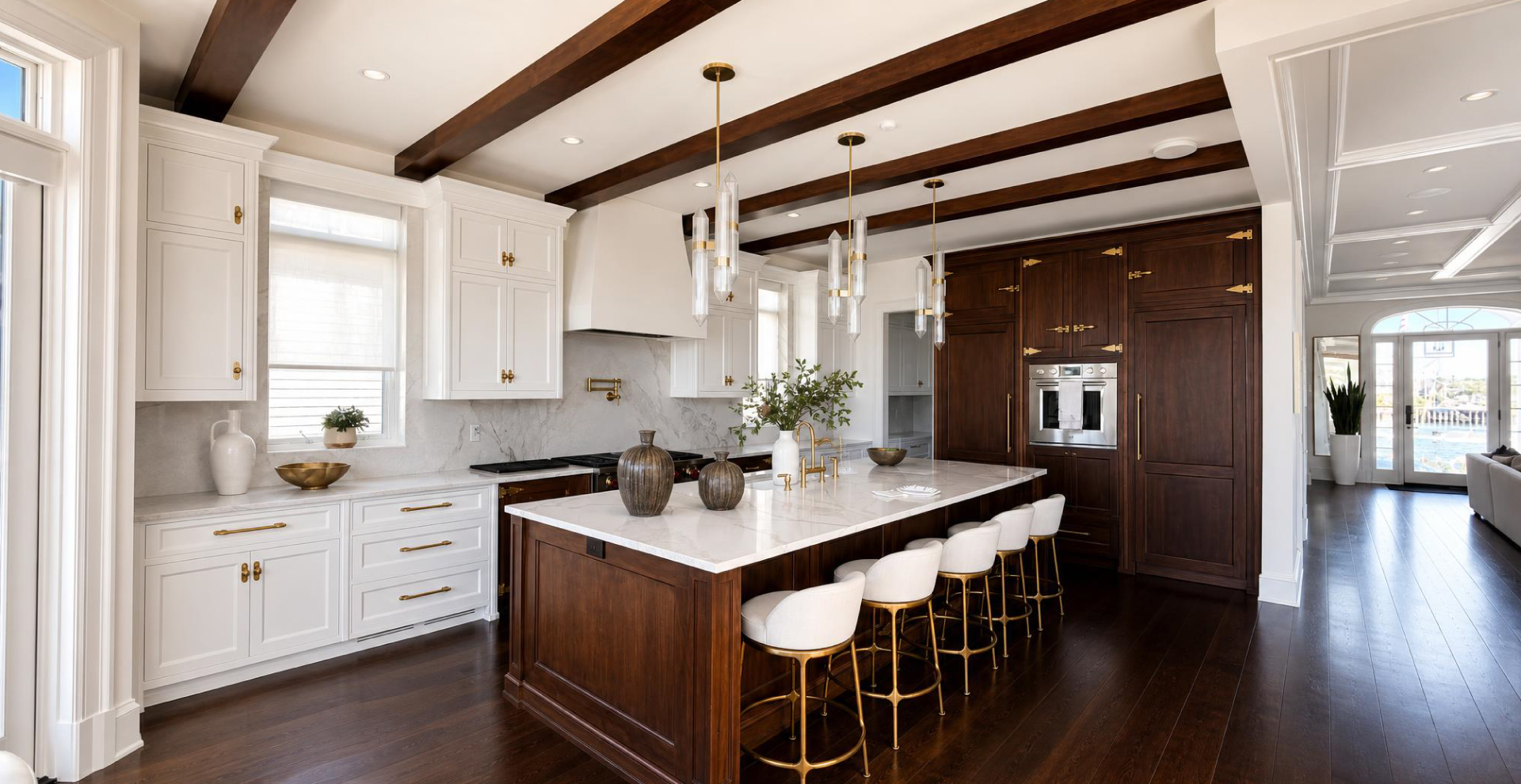 Custom french country kitchen with metal hood