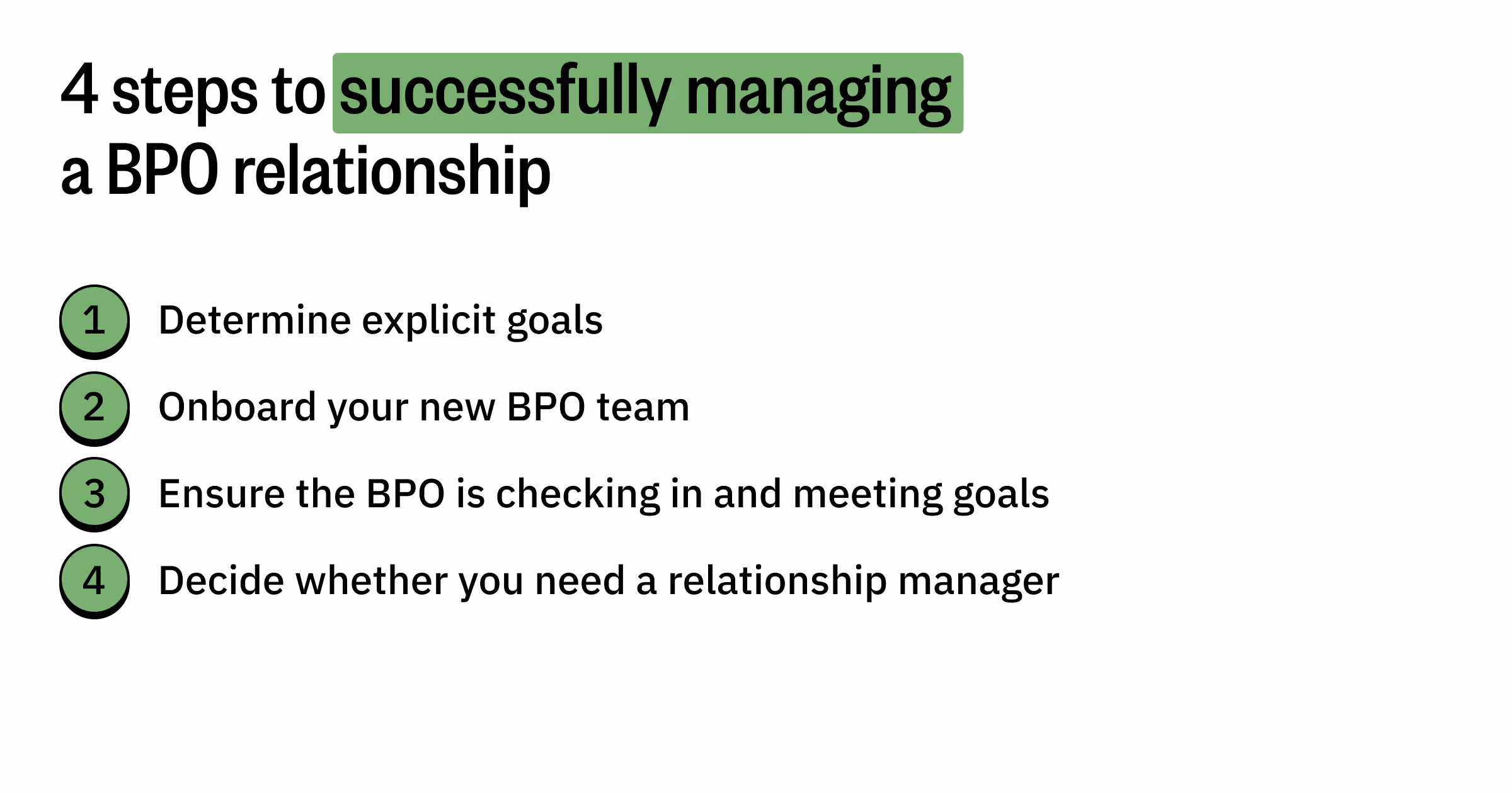 List graphic spelling out the 4 steps to successfully managing a BPO relationship: determine explicit goals, onboard your new BPO team, ensure the BPO is checking in and meeting goals, decide whether you need a relationship manager