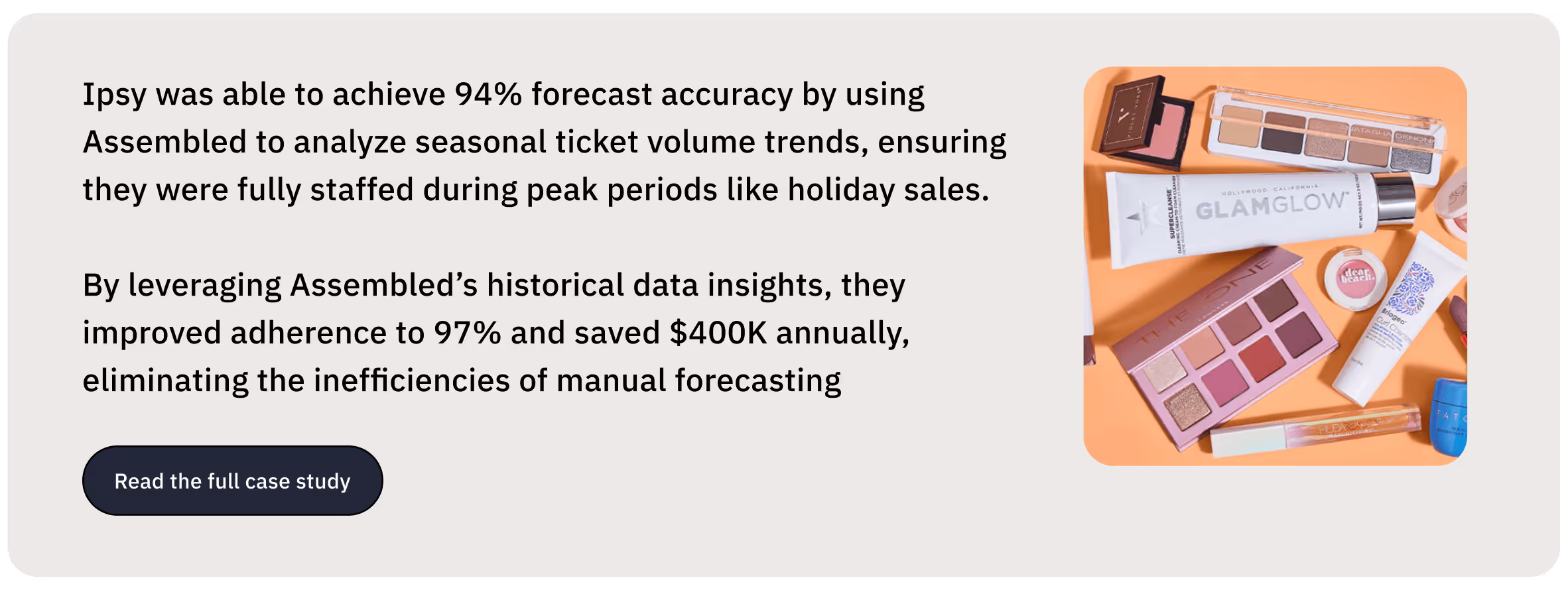 Ipsy was able to achieve 94% forecast accuracy by using Assembled to analyze seasonal ticket volume trends, ensuring they were fully staffed during peak periods like holiday sales. By leveraging Assembled’s historical data insights, they improved adherence to 97% and saved $400K annually, eliminating the inefficiencies of manual forecasting.