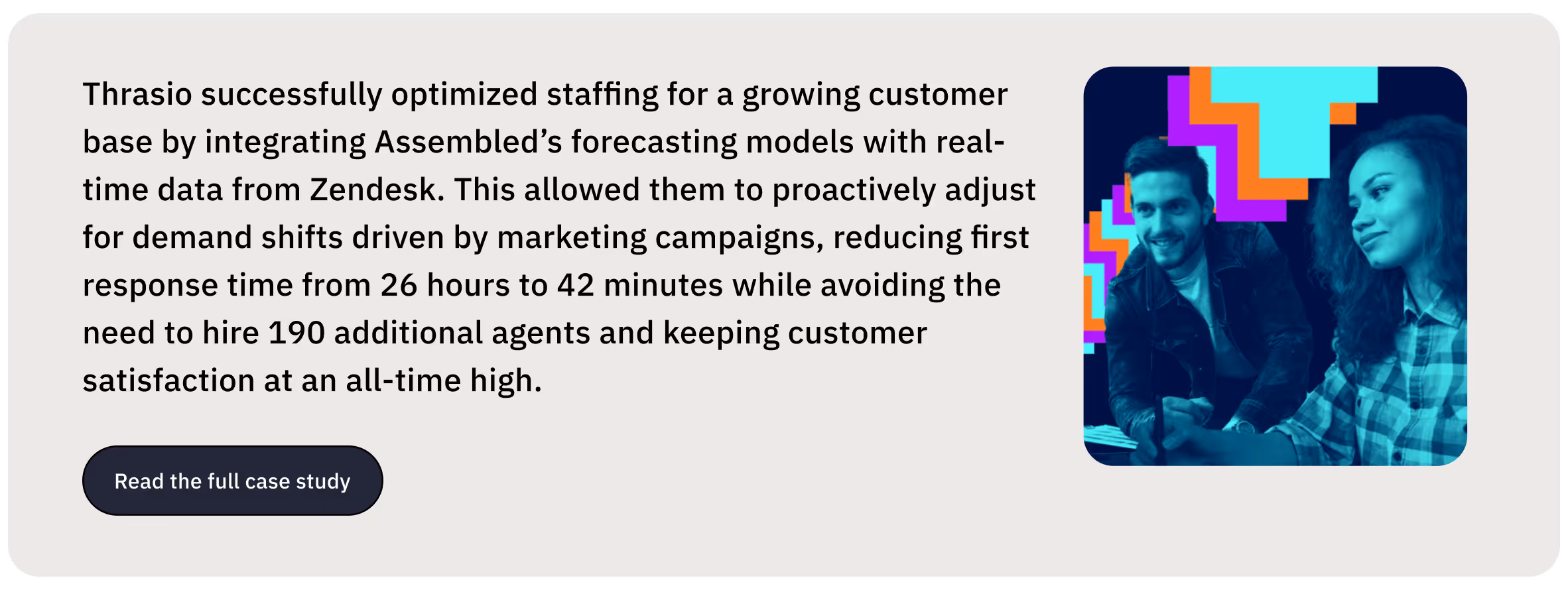 Thrasio successfully optimized staffing for a growing customer base by integrating Assembled’s forecasting models with real-time data from Zendesk. This allowed them to proactively adjust for demand shifts driven by marketing campaigns, reducing first response time from 26 hours to 42 minutes while avoiding the need to hire 190 additional agents and keeping customer satisfaction at an all-time high.