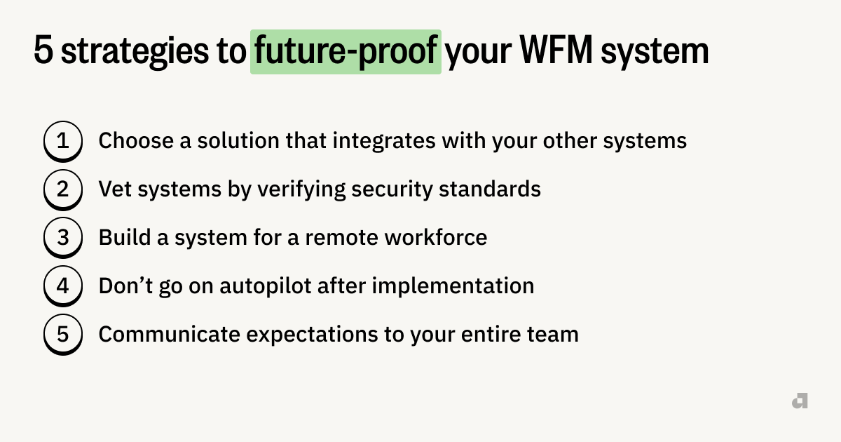 Graphic that reads: 5 strategies to future-proof your WFM system — choose a solution that integrates with your other systems, vet systems by verifying security standards, build a system for a remote workforce, don't go on autopilot after implementation, and communicate expectations to your entire team