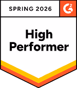 Badge with text 'SPRING 2026' at the top and 'High Performer' in bold black letters below, accompanied by the red and white G2 logo in the top right corner and a striped yellow, orange, and red chevron at the bottom.
