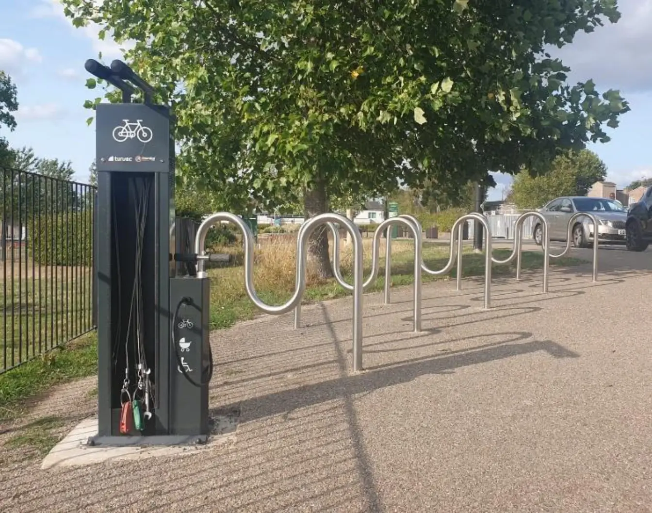 Gainsborough Square mobility hub with bike racks and a bike repair stand and tools