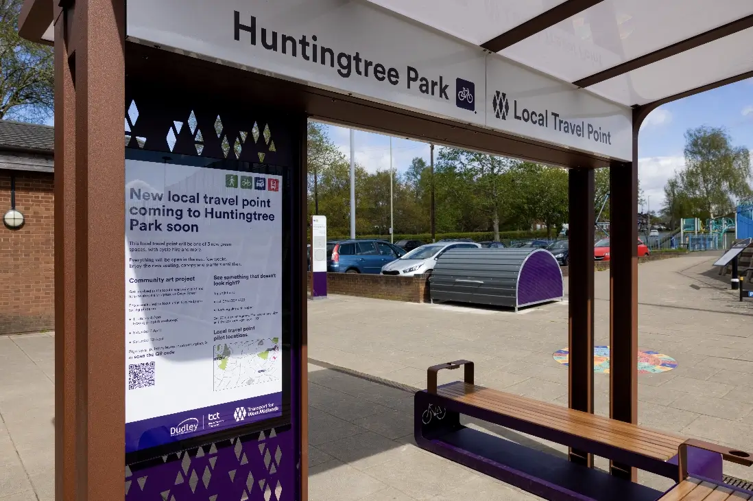 Bus stop with signage at the Huntingtree Park mobility hub