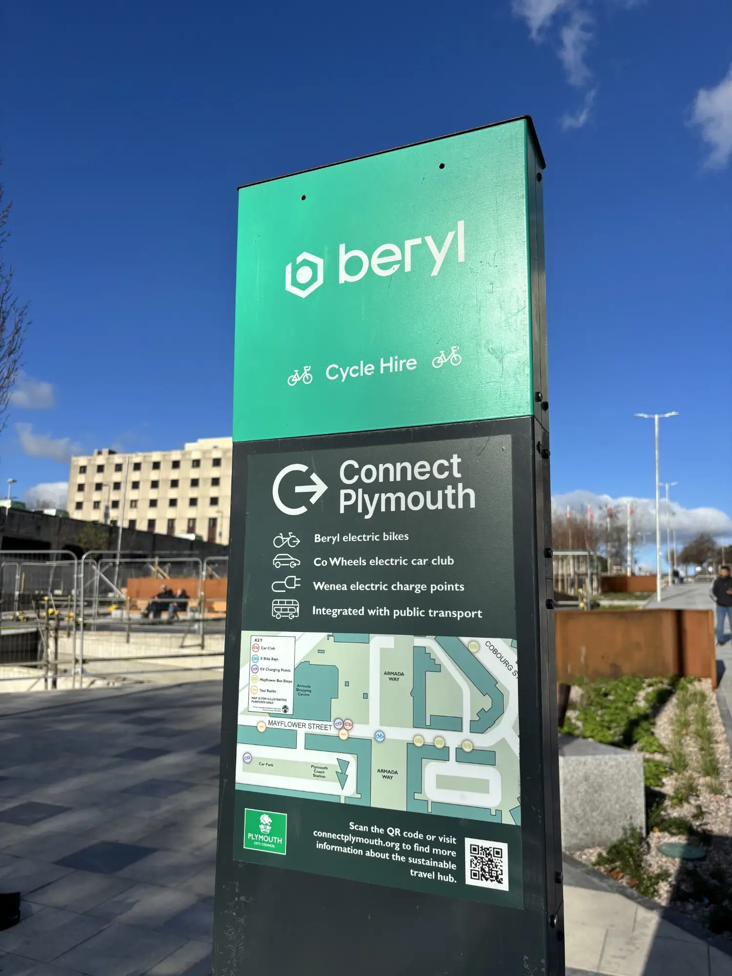 Mobility hub totem featuring map of location and surrounding places of interest