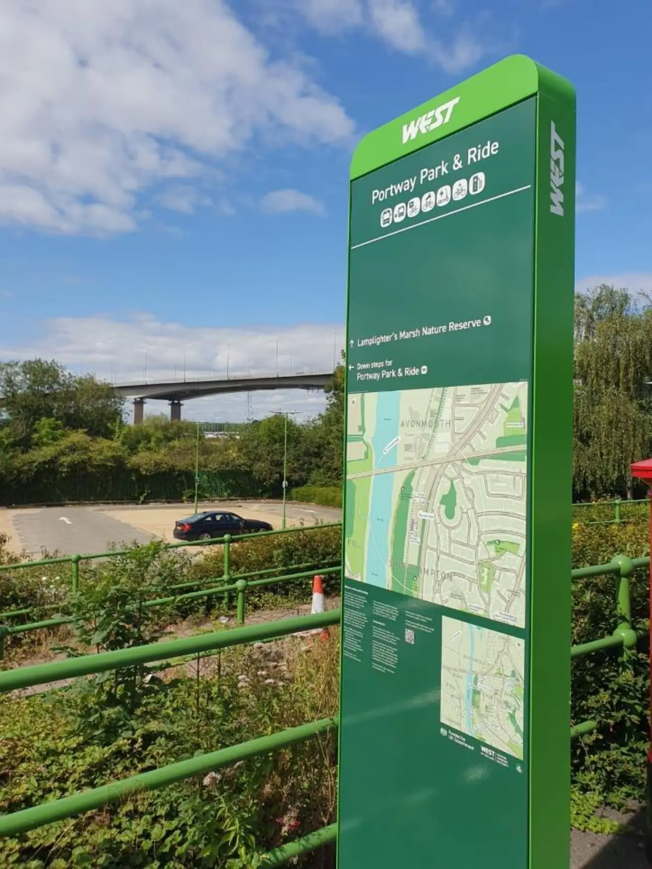 Mobility hub totem, including local map and directions to local amenities