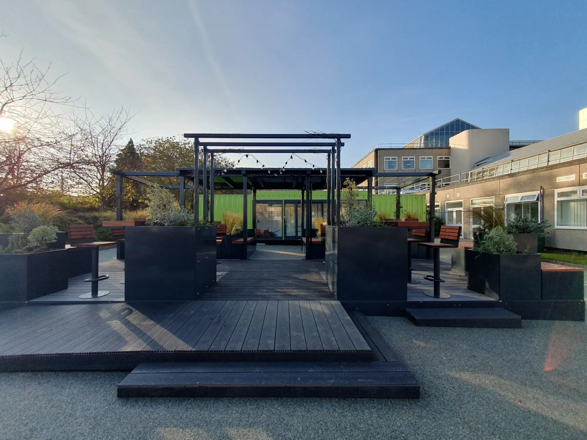 Seating area with raised planters