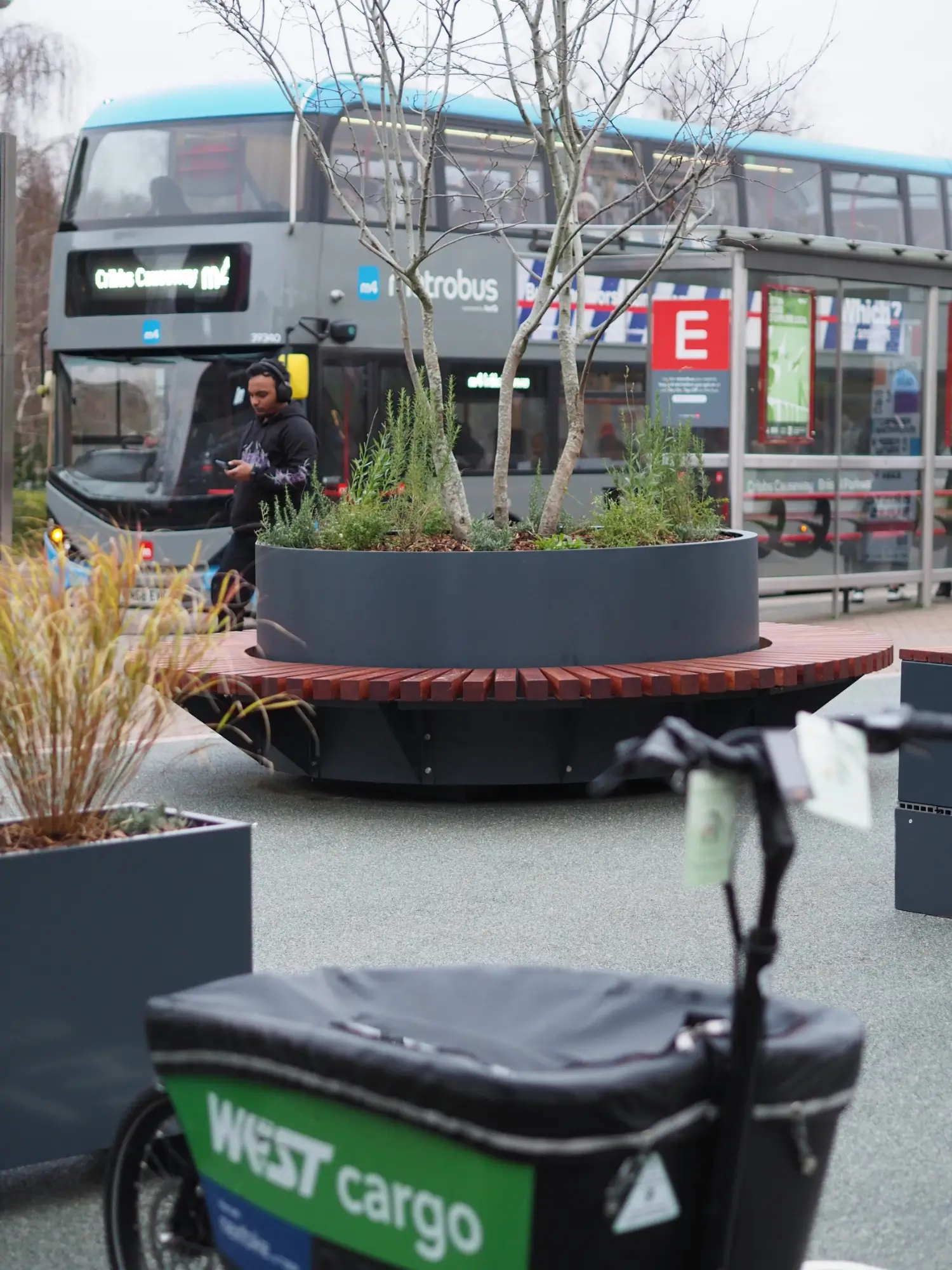 E-cargo bike and bus stop