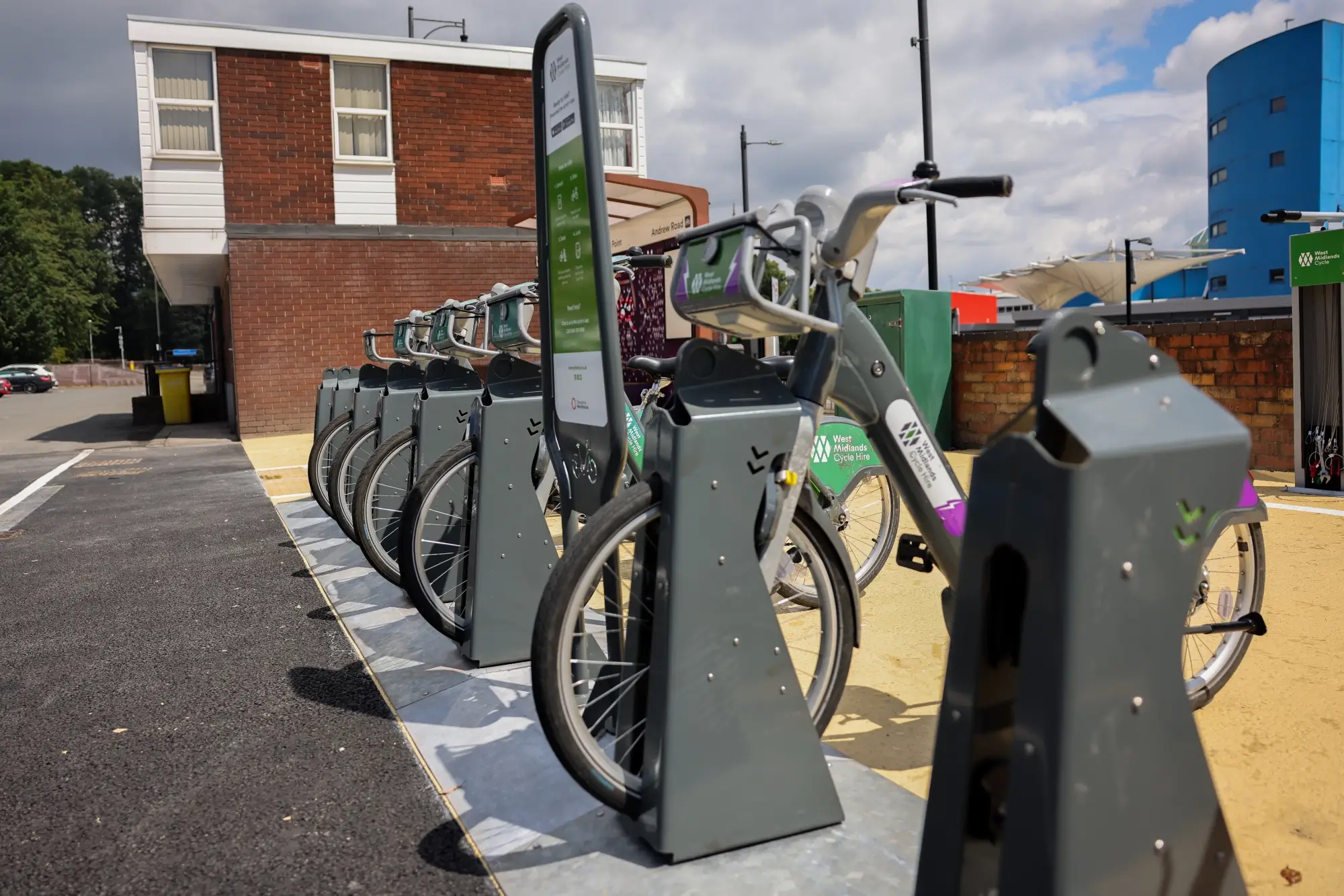 Shared bikes parked in a docking station at the TfWM Andrew Road mobility hub