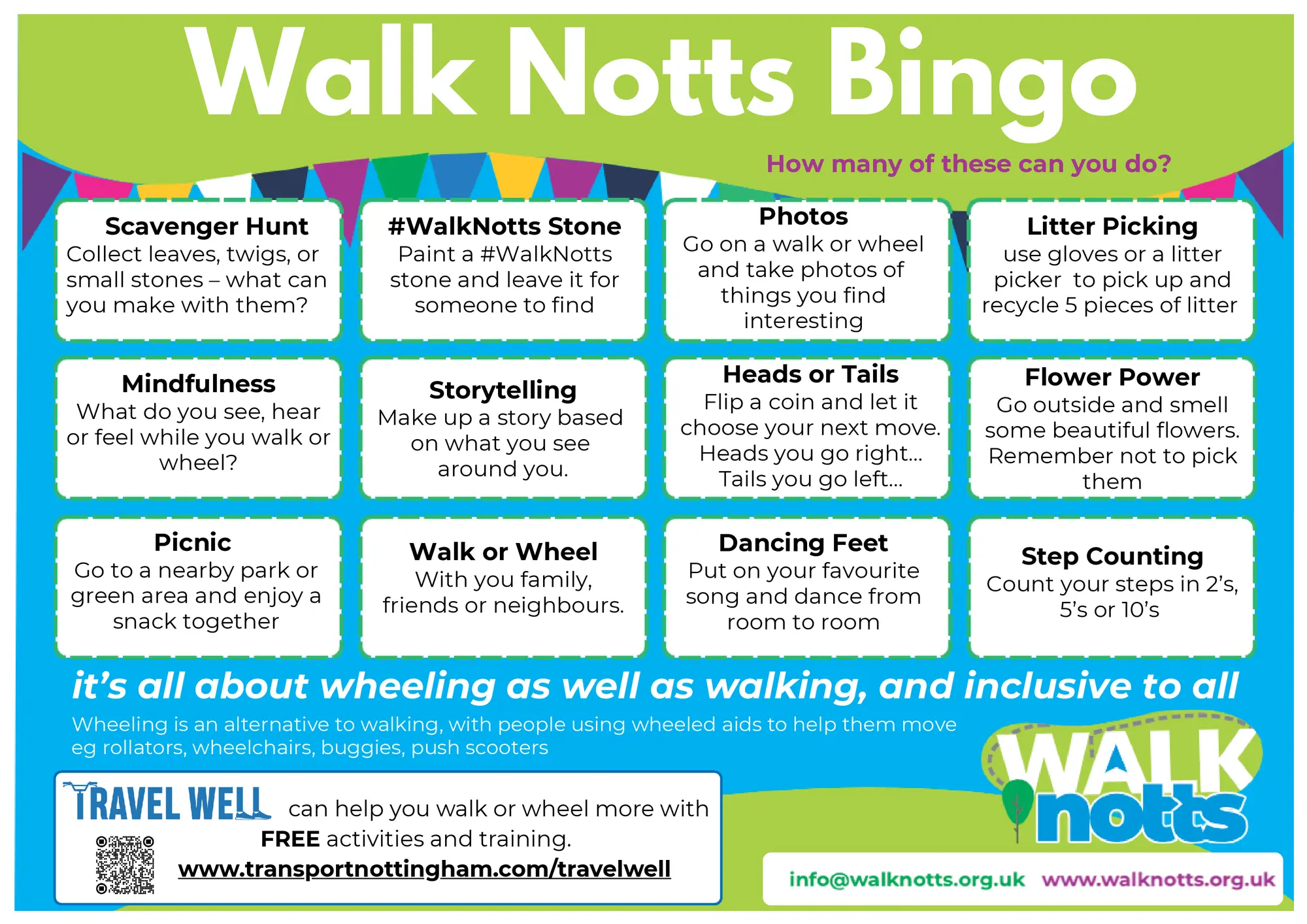 A bingo card displaying 16 walking, wheeling and cycling related activities.
