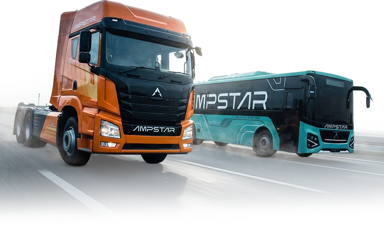 JSW Ampstar electric truck and bus driving side by side