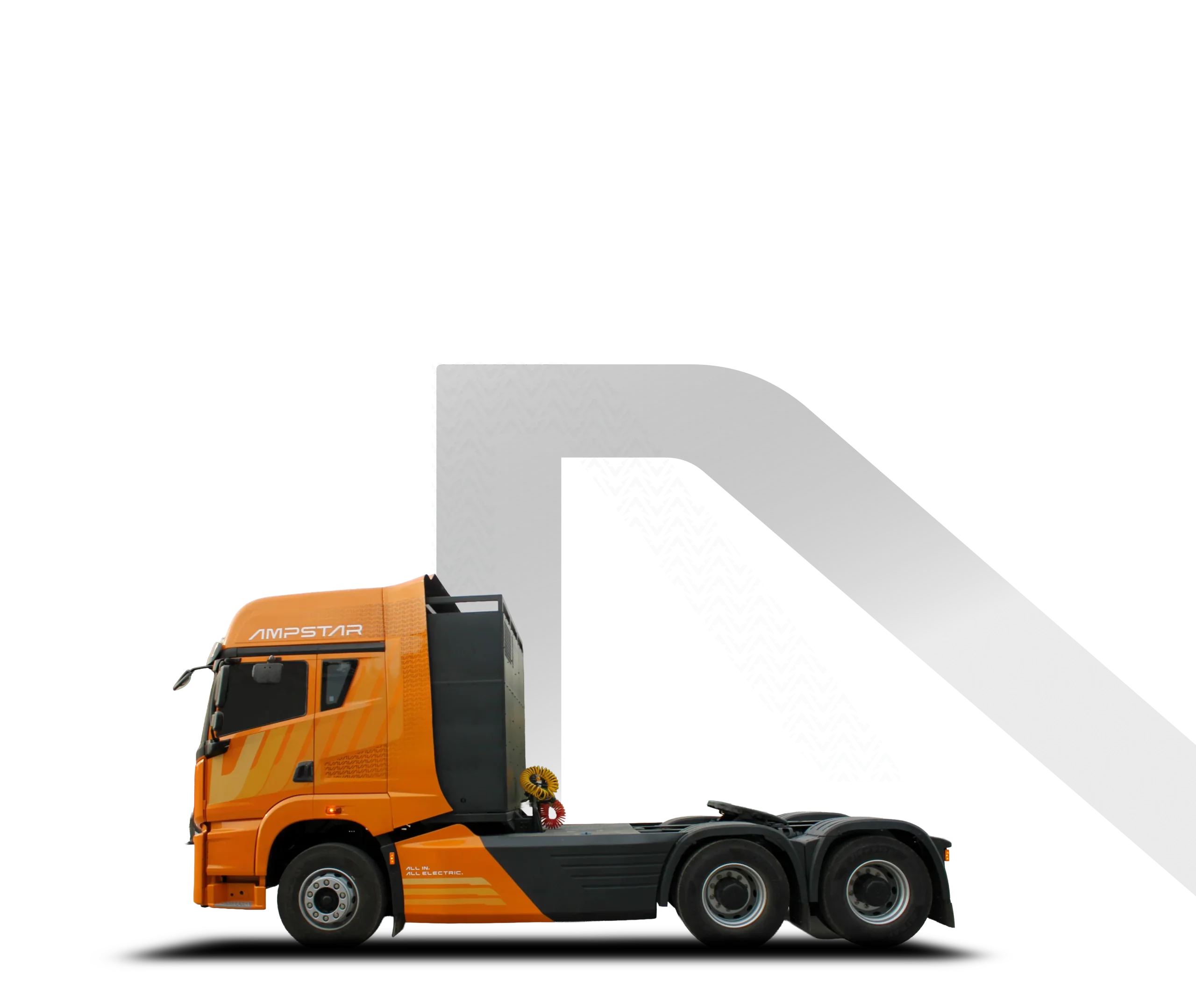 JSW Ampstar electric truck in front of a large A shape