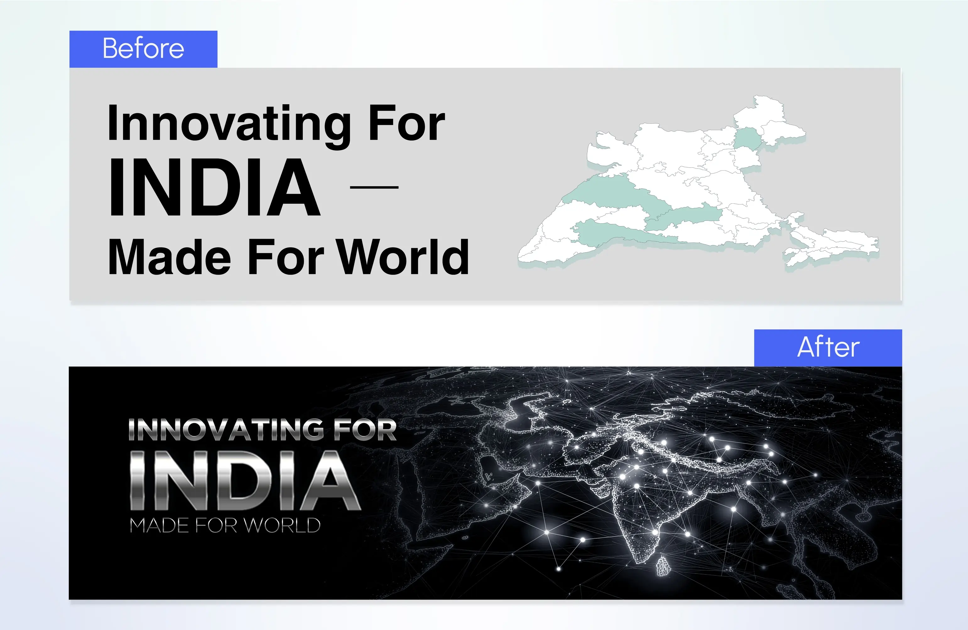Havells presentation redesign comparing old flat map slide with new high-impact global network visual