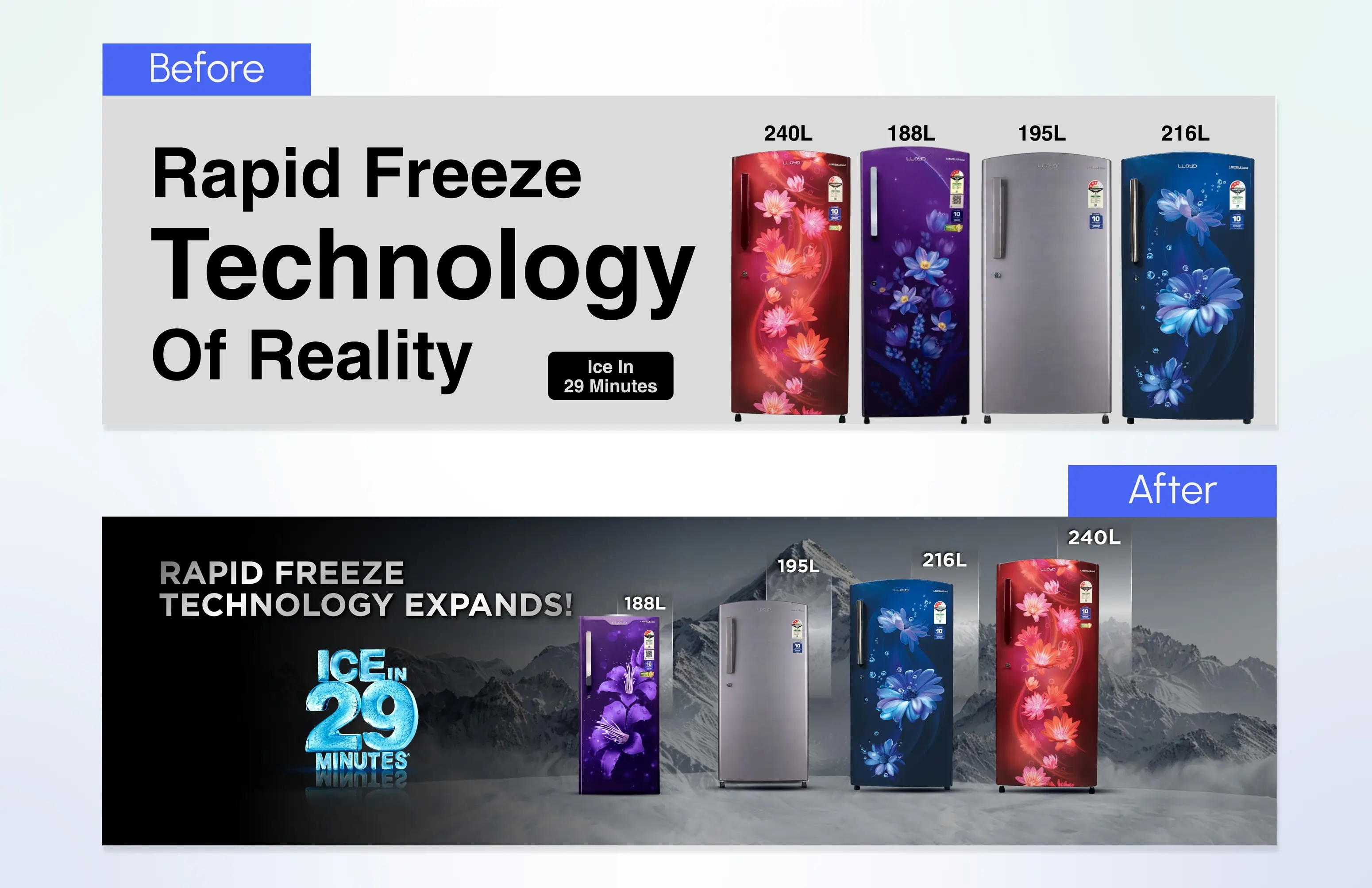 INK PPT upgraded Lloyd fridge slide to emphasize Rapid Freeze expansion with stronger product visuals and messaging