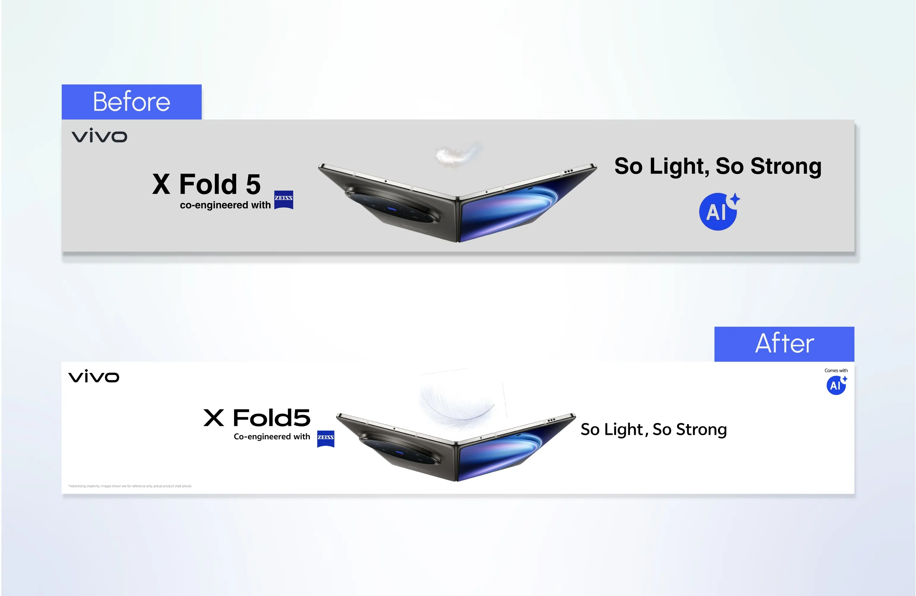 Vivo X Fold5 presentation redesign comparing basic gray slide with refined minimal white design