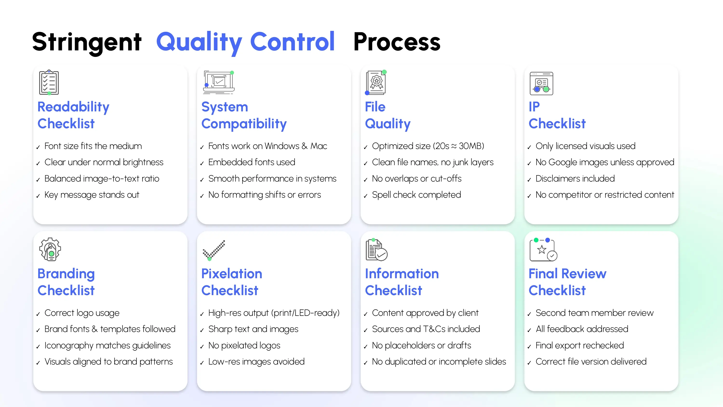 The 8QC framework safeguards the most failure-prone areas of Event Keynote Design, including