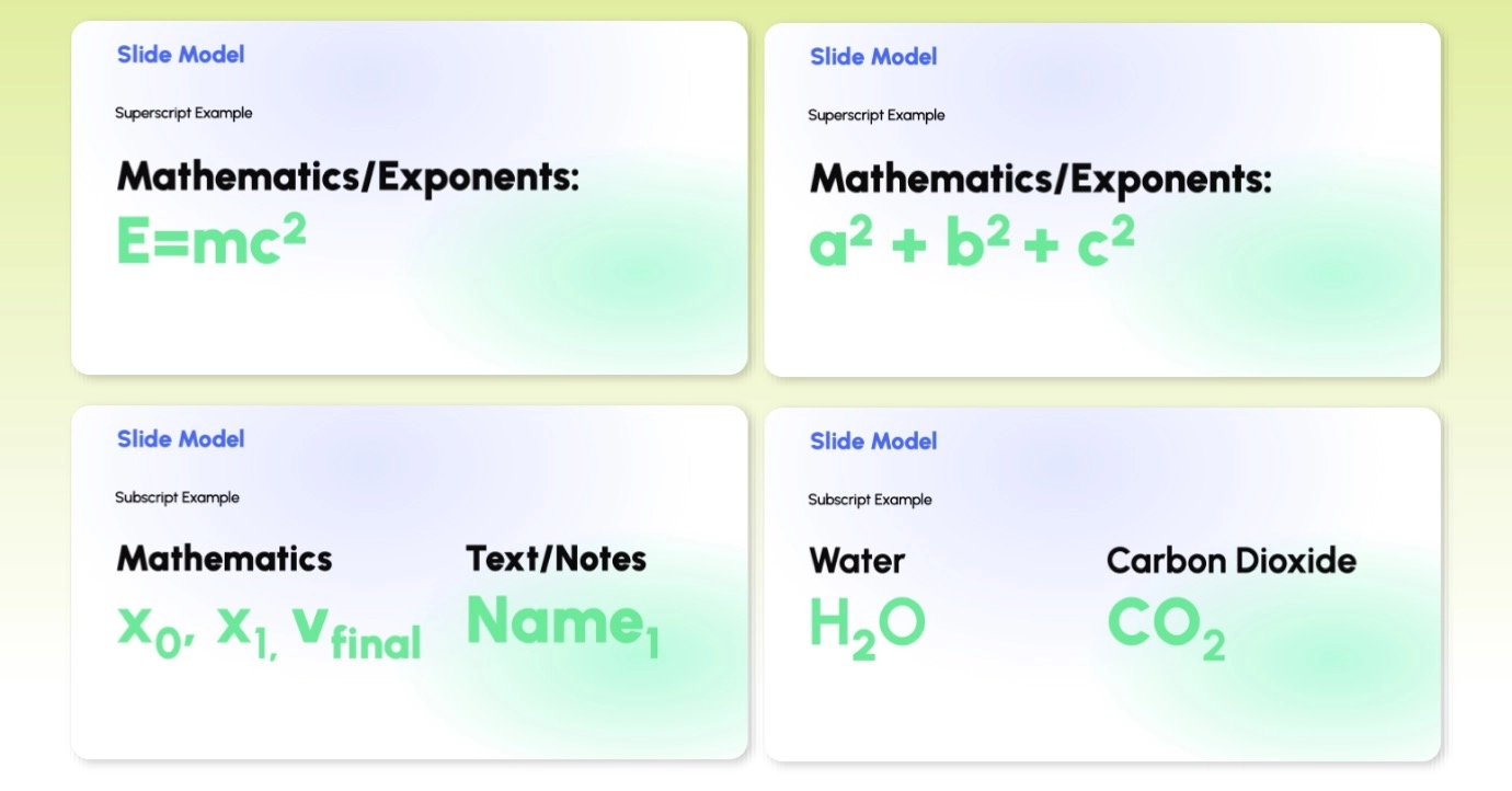 Examples include: H₂O, TM, E = mc², CO₂ emission
