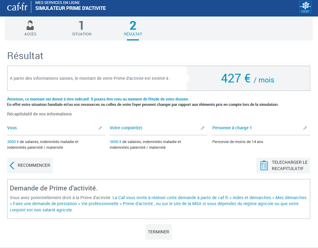 simulation prime d'activité étape résultat