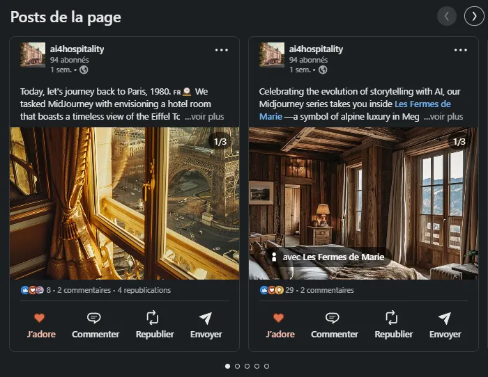 Two social media posts by ai4hospitality showing a golden curtain with a view of the Eiffel Tower on the left and a cozy wooden alpine hotel room interior on the right.