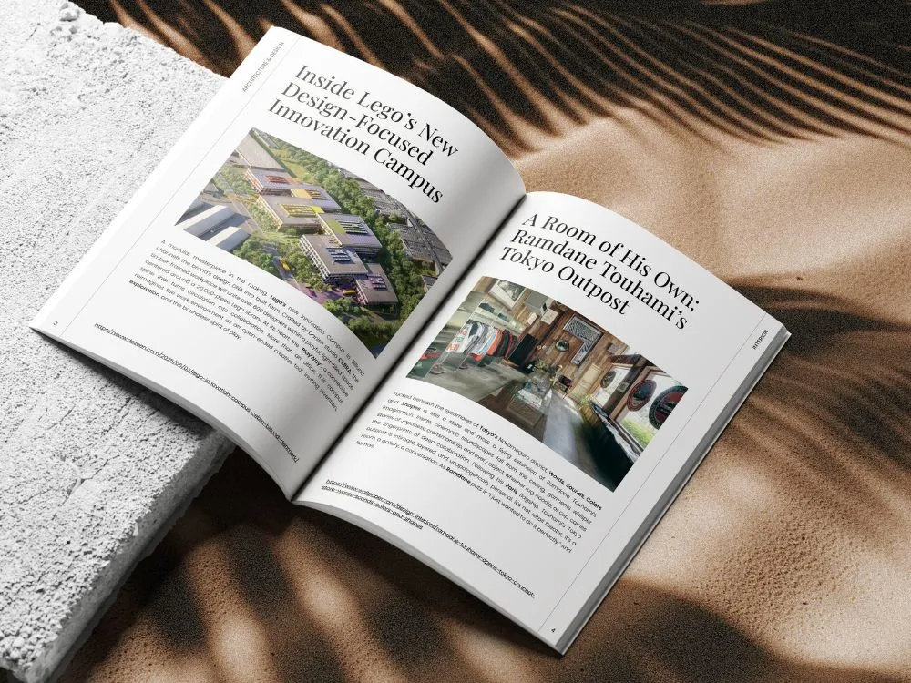 Open magazine on a textured surface showing articles titled 'Inside Lego's New Design-Focused Innovation Campus' and 'A Room of His Own: Ramdane Touhami's Tokyo Outpost' with accompanying images.