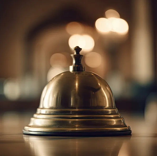 Close-up of a shiny brass hotel service bell on a wooden counter with blurred warm lights in the background.