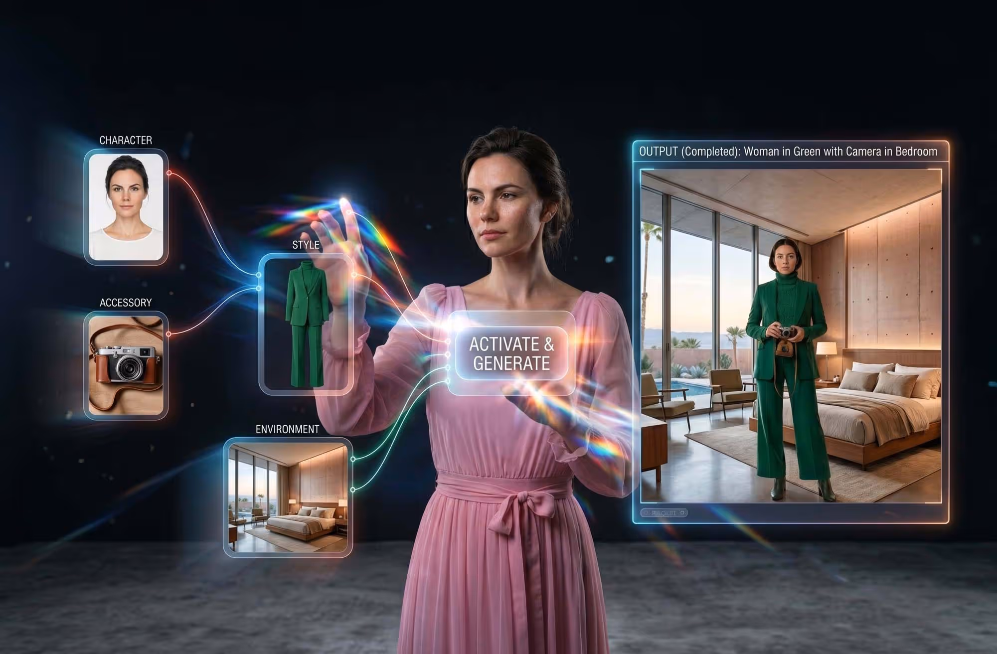 Woman in pink dress interacting with a futuristic interface selecting character, accessory, style, and environment to generate an image of a woman in green with a camera in a modern bedroom with AI.