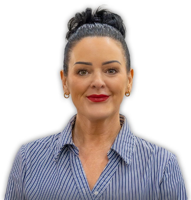 Headshot of sales manager with dark hear and red lipstick looking directly down the lens