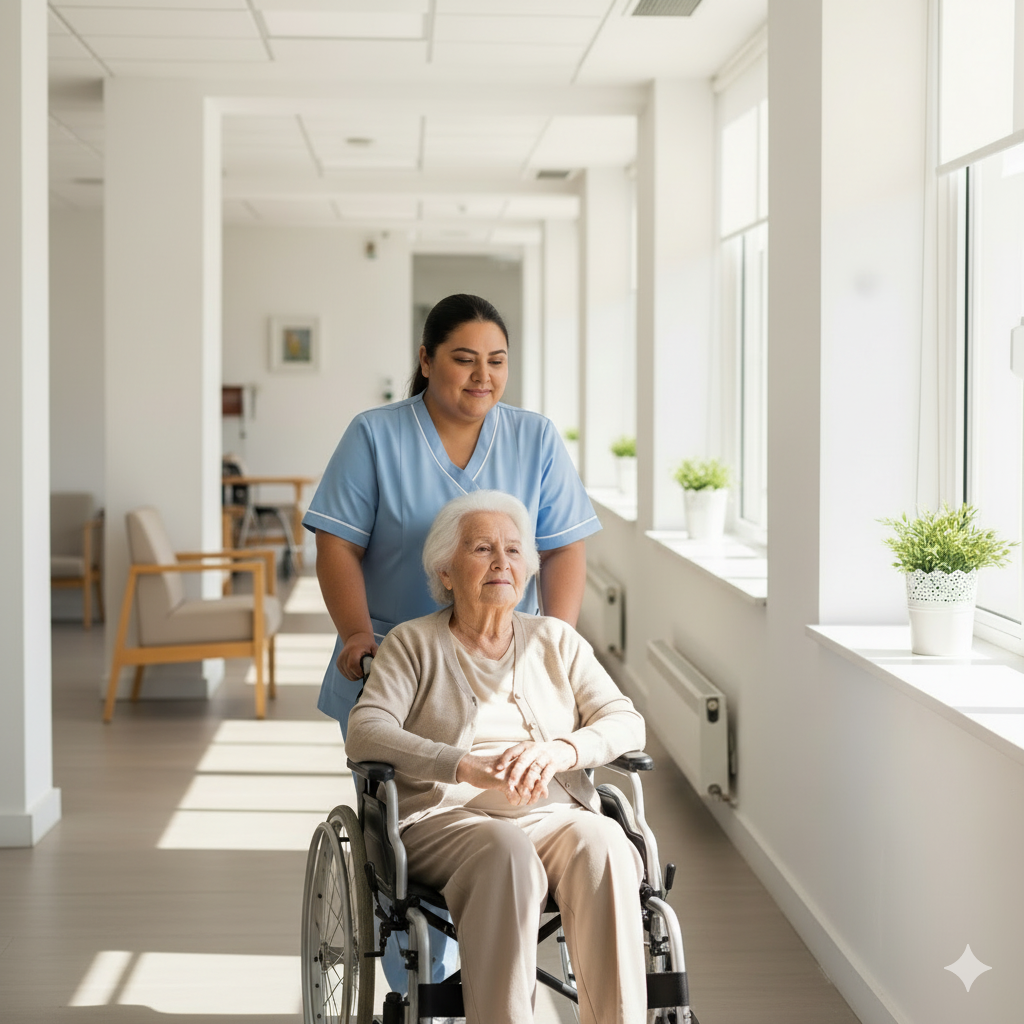 Profesional de salud acompañando a persona mayor