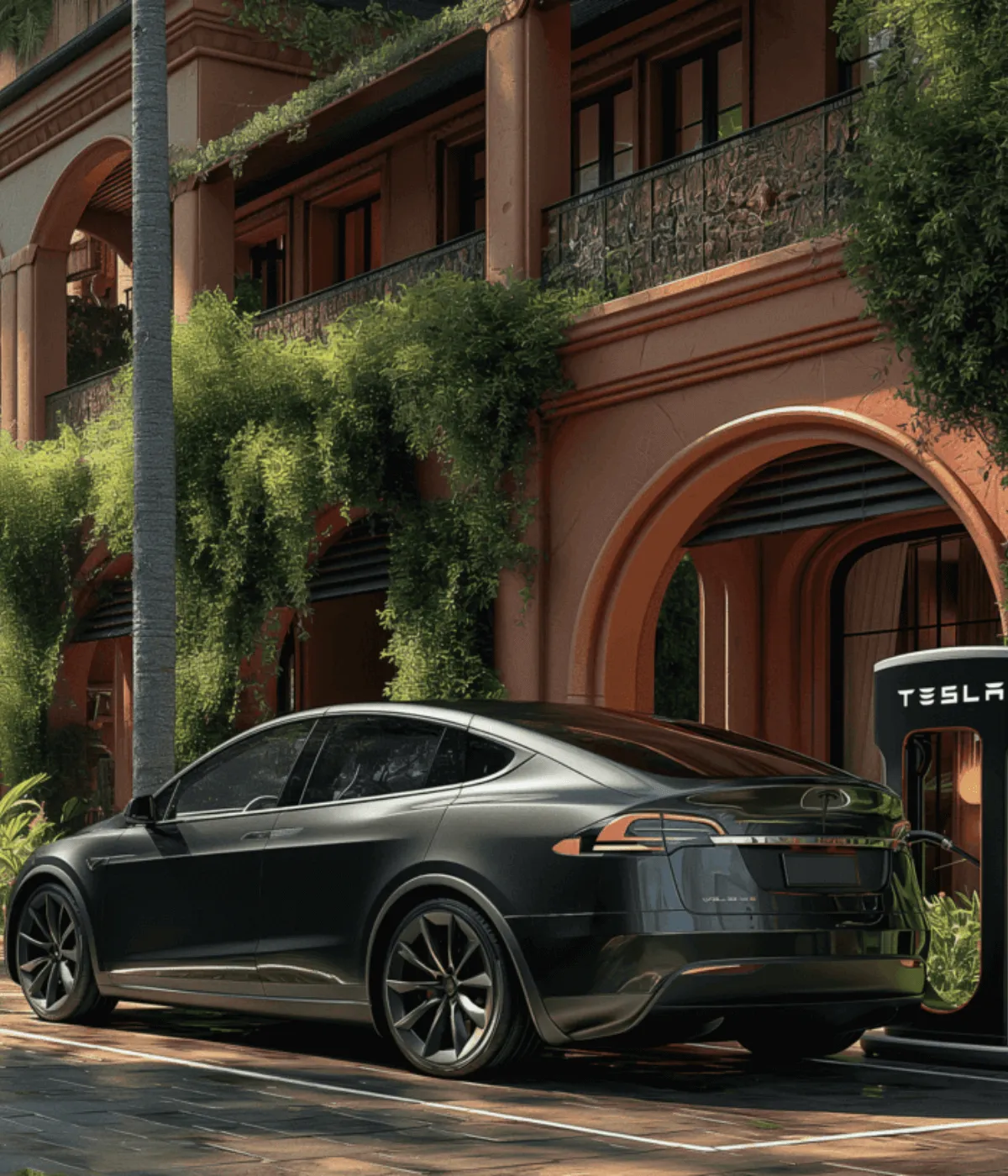 Tesla recharge devant un hôtel dans un Supercharger Tesla