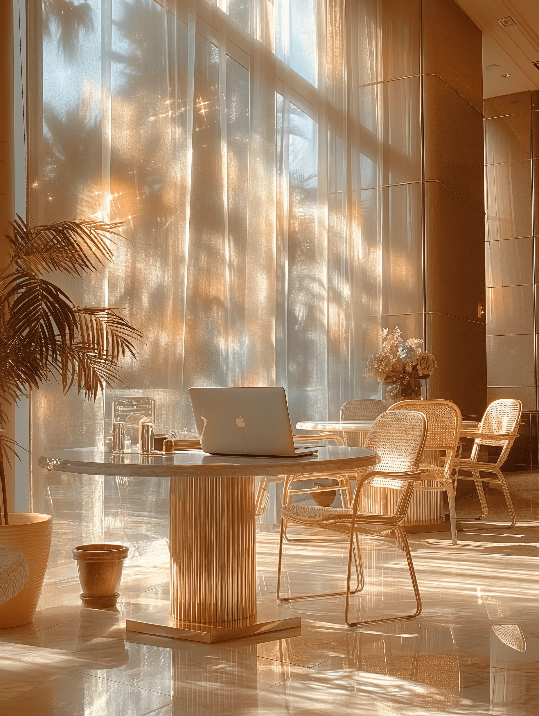 Un ordinateur portable sur la table d'un luxueux hall d'hôtel