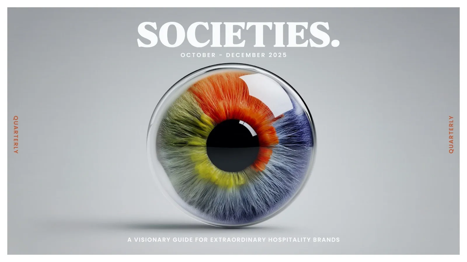 Image de couverture de l'édition du quatrième trimestre de « Societies » d'Influence Society, qui présente les dernières tendances en matière d'hôtellerie avec des éléments de design modernes.