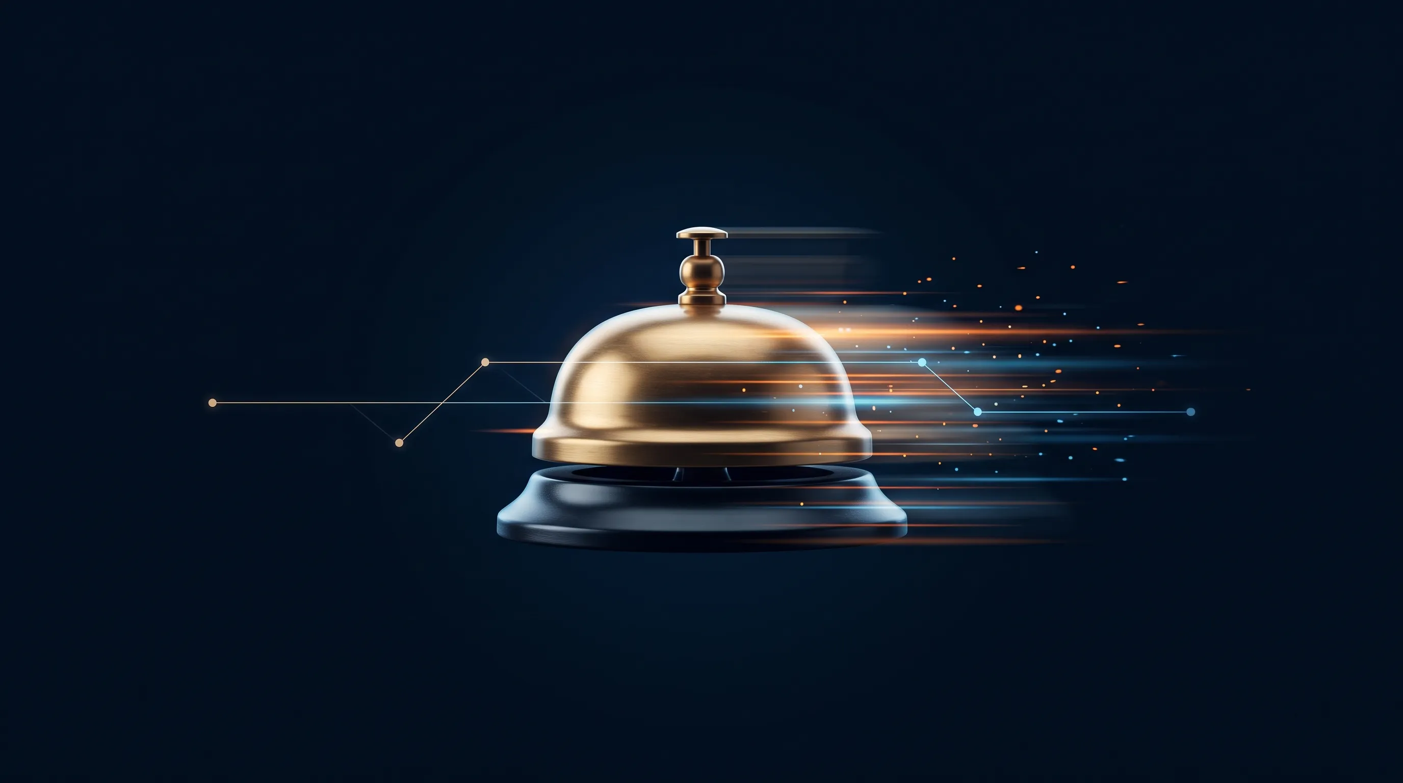 Golden hotel reception bell with speed trails, illustrating a fast-loading hotel website