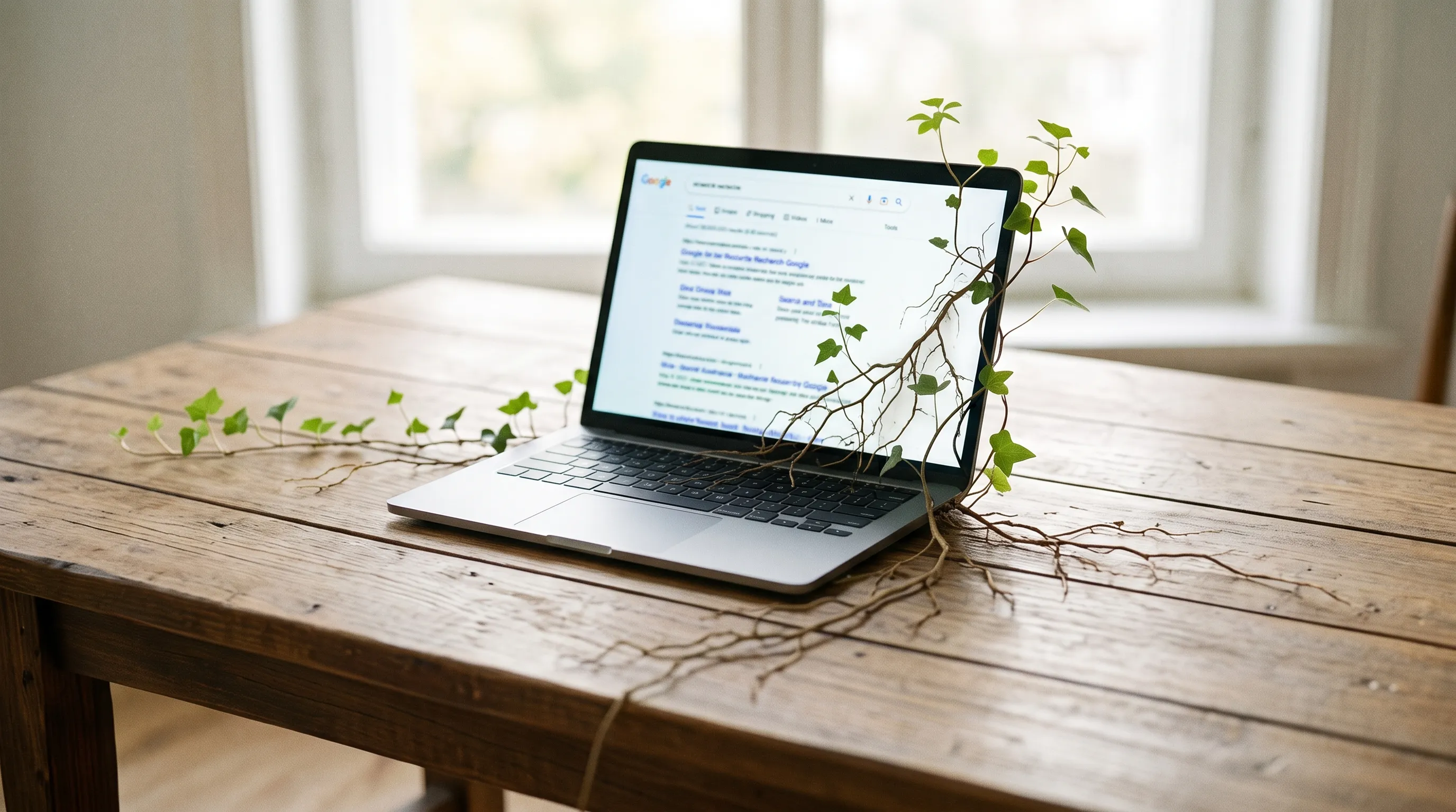 Ordinateur portable posé sur une table en bois affichant des résultats Google, entouré de plantes qui poussent, symbole du référencement naturel