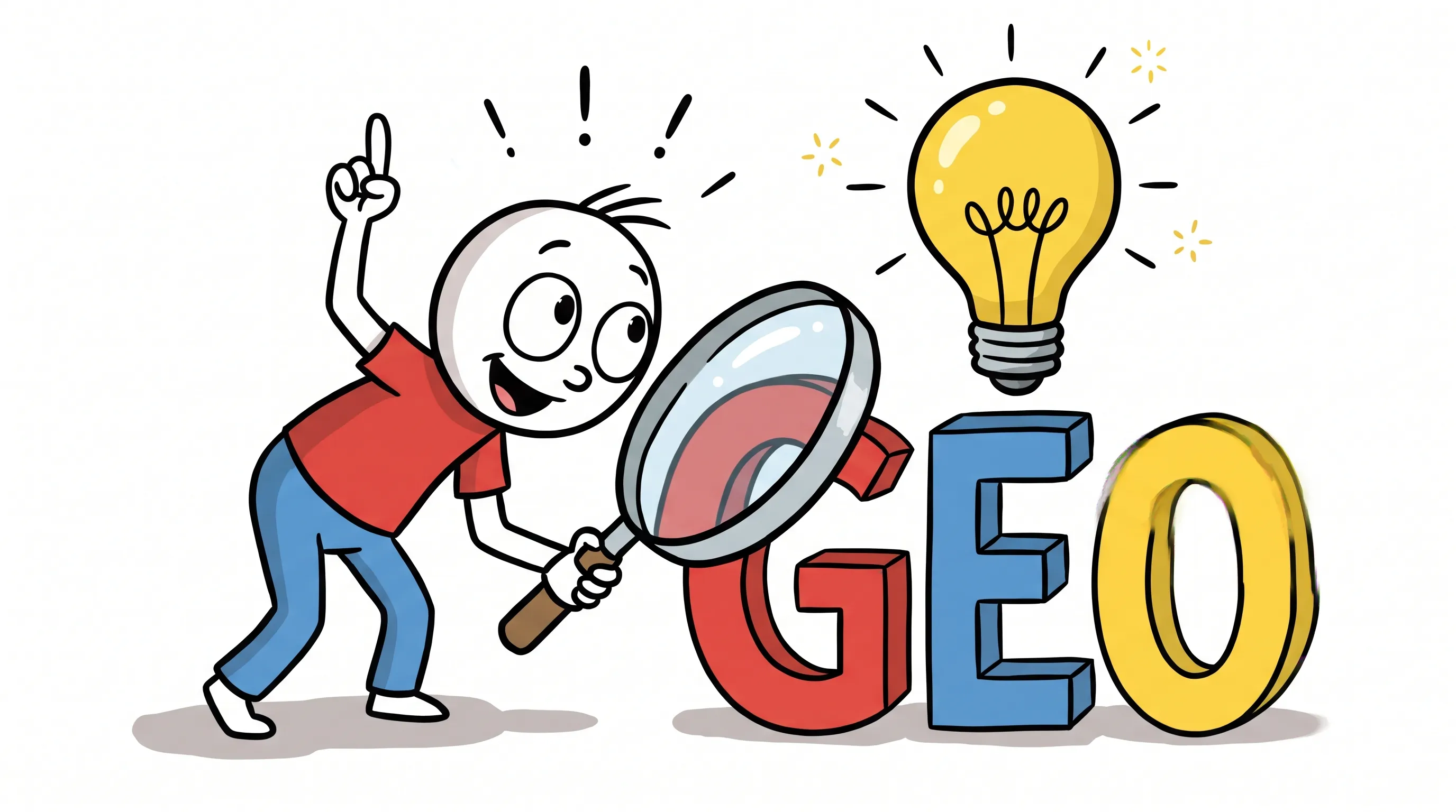 Illustrated character with a magnifying glass and a light bulb above the word GEO