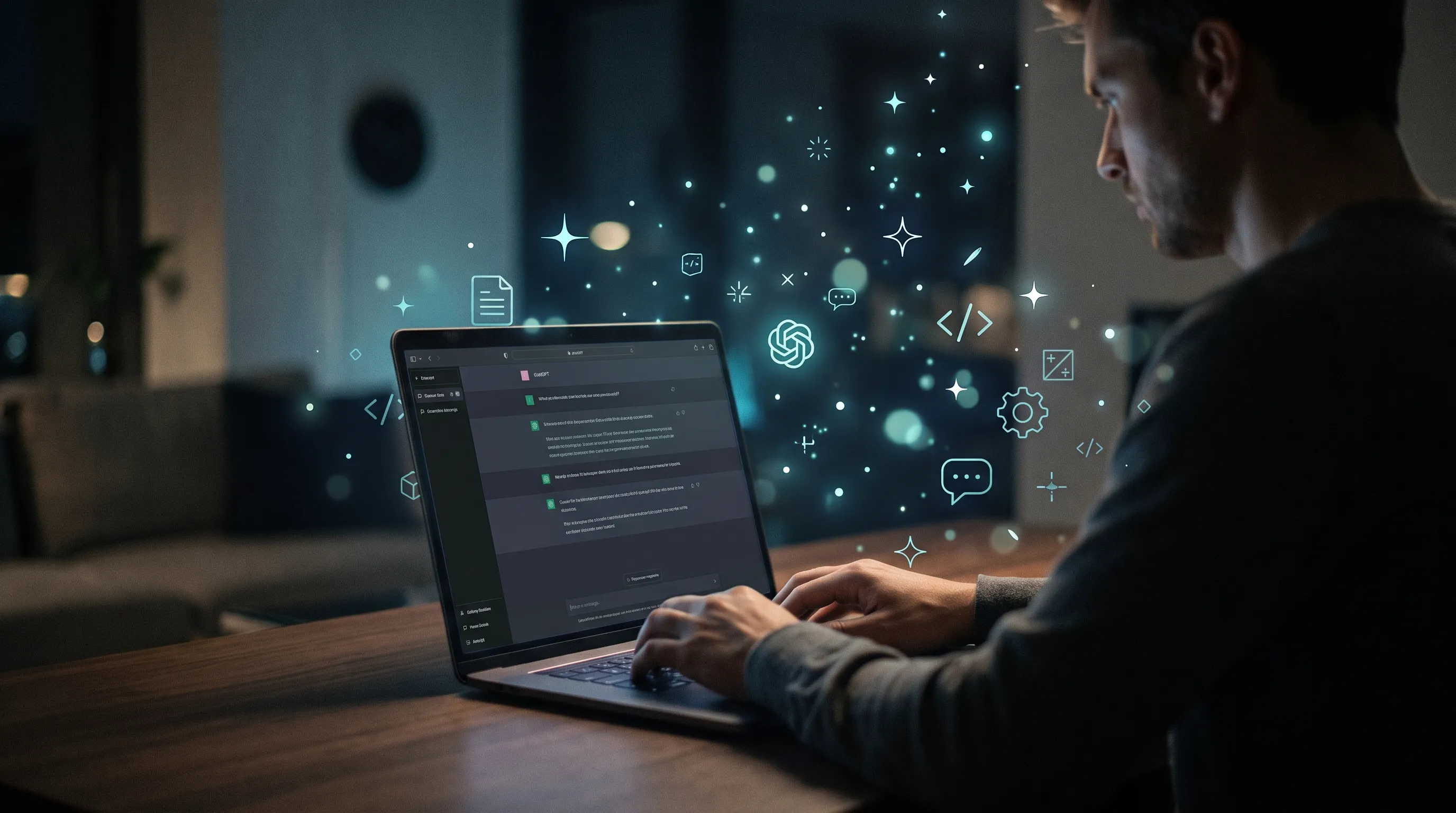 Man typing a question to ChatGPT on a laptop at night