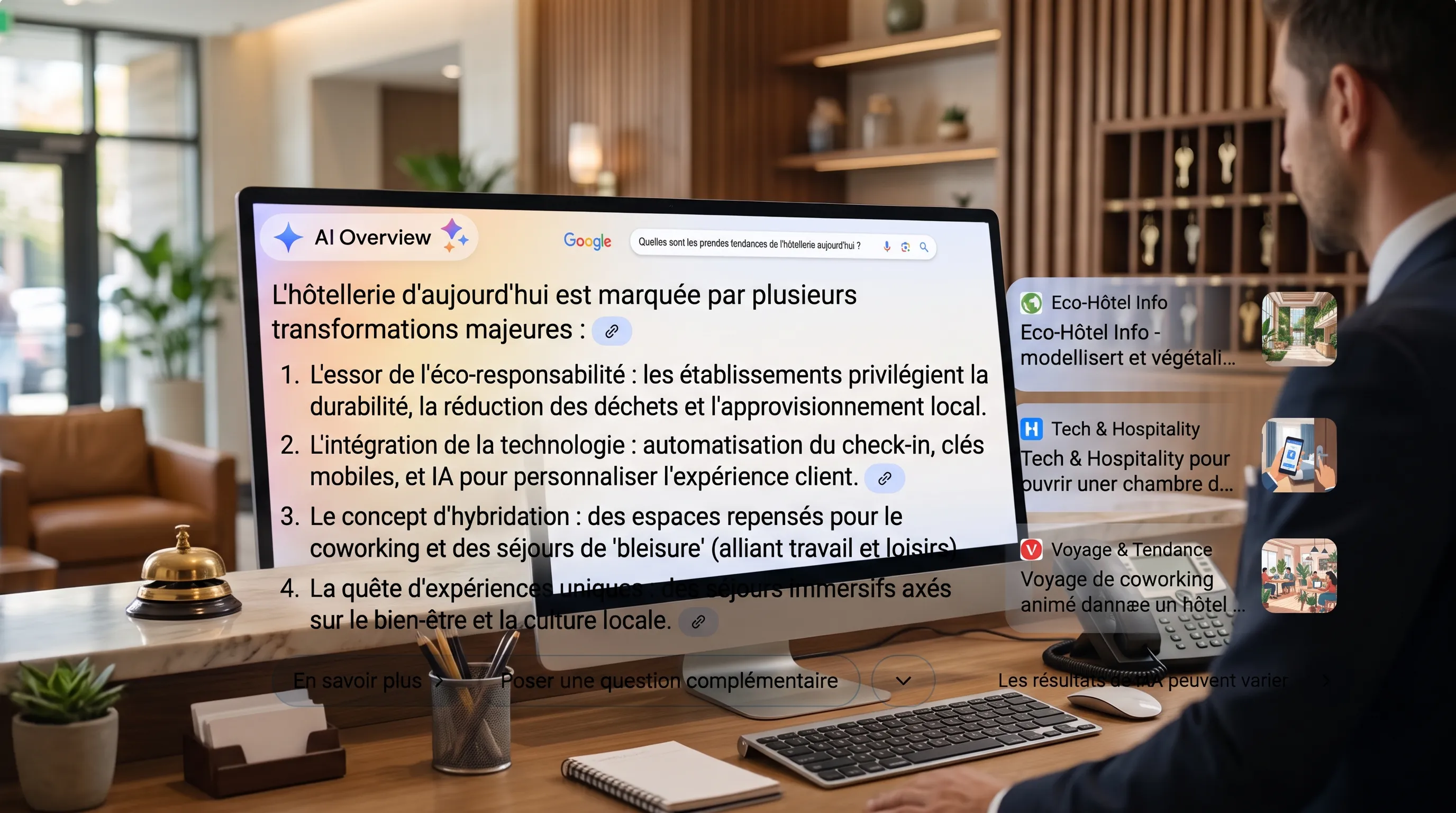 Hotel employee at the reception desk looking at a Google AI Overview on screen