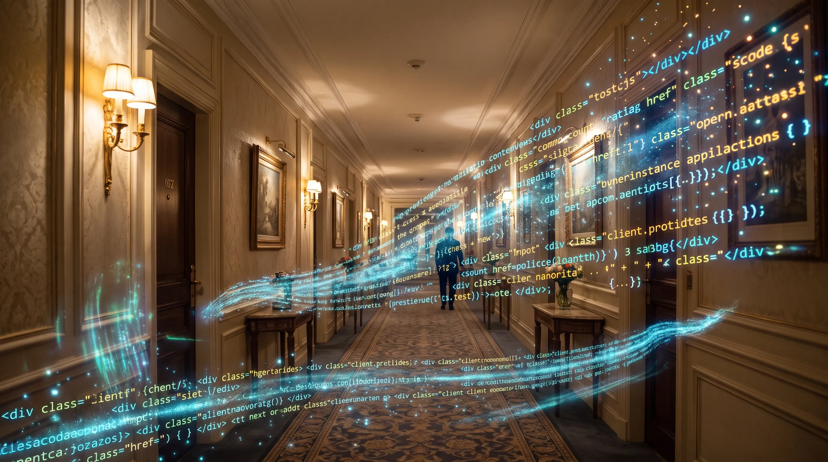 Hotel corridor crossed by glowing lines of website code
